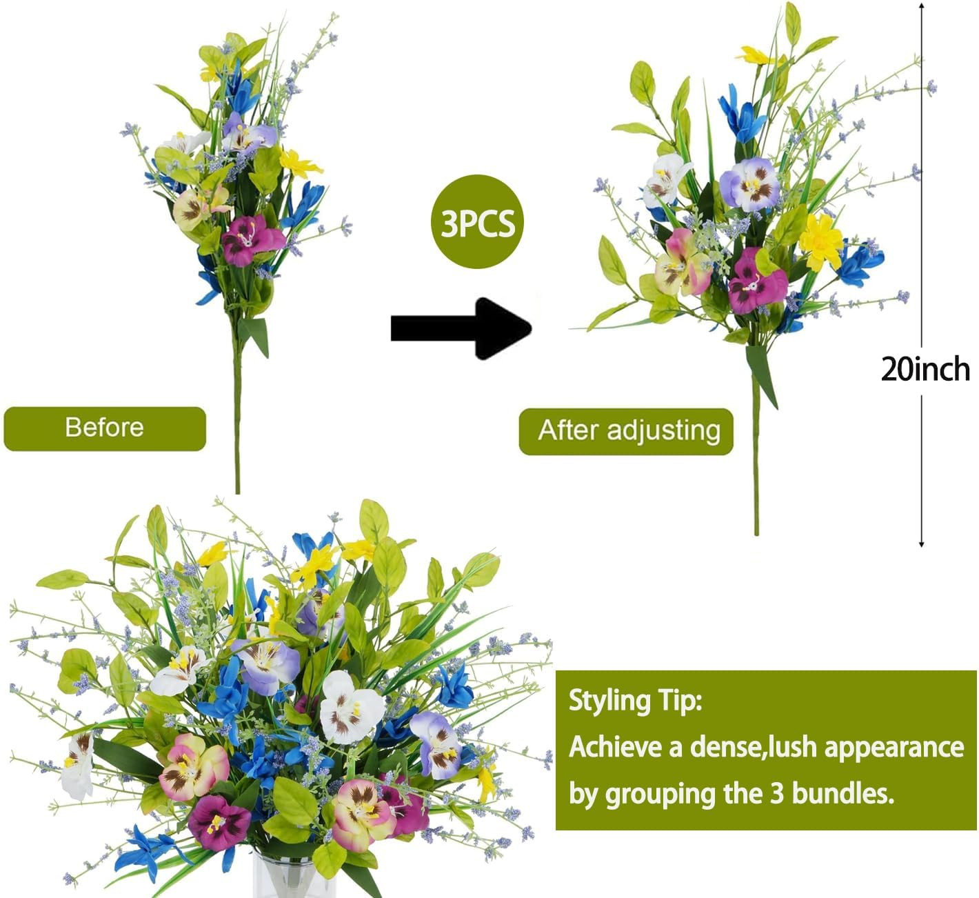 3 Bundles Artificial Wildflowers Fake Silk Mixed Pansies 20″ Vibrant Faux Flower
