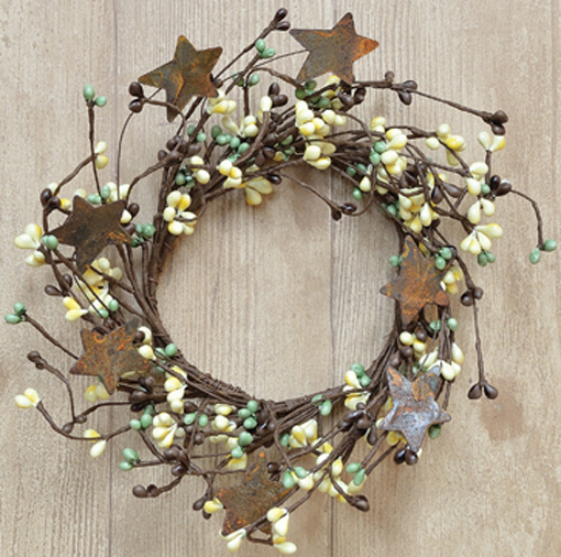 Wreath Candle Ring 4″ Diameter – Pip Berry in Coffee Bean – Rusty Tin Stars
