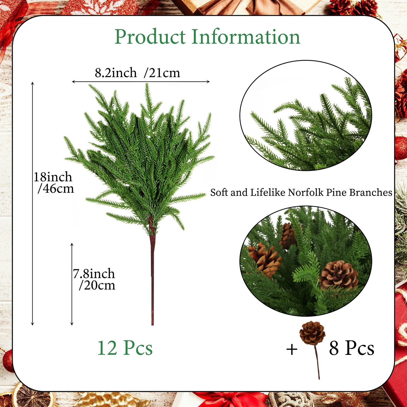12 Pcs Artificial Norfolk Pine Branches with 8PCS Pine Cone 18″ Plastic Chris…