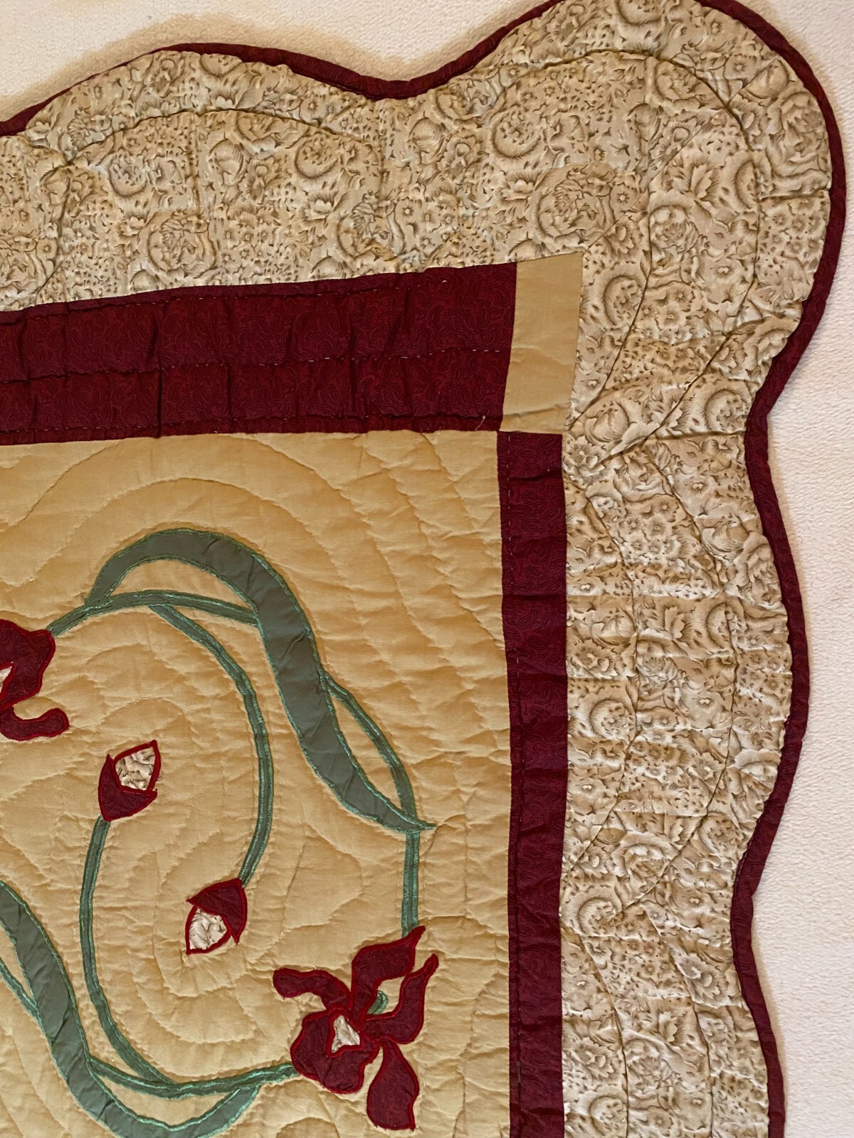Hand Made Wall Hanging Floral Tan Red Green Hand Stitch