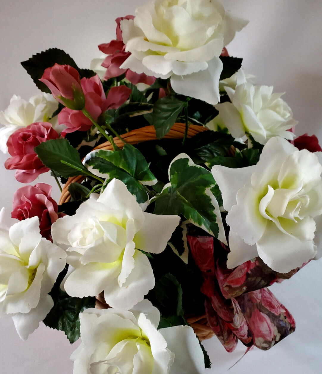 Fresh Spring Garden Pink & White Roses Silk Floral Arrangement in a Woven Basket