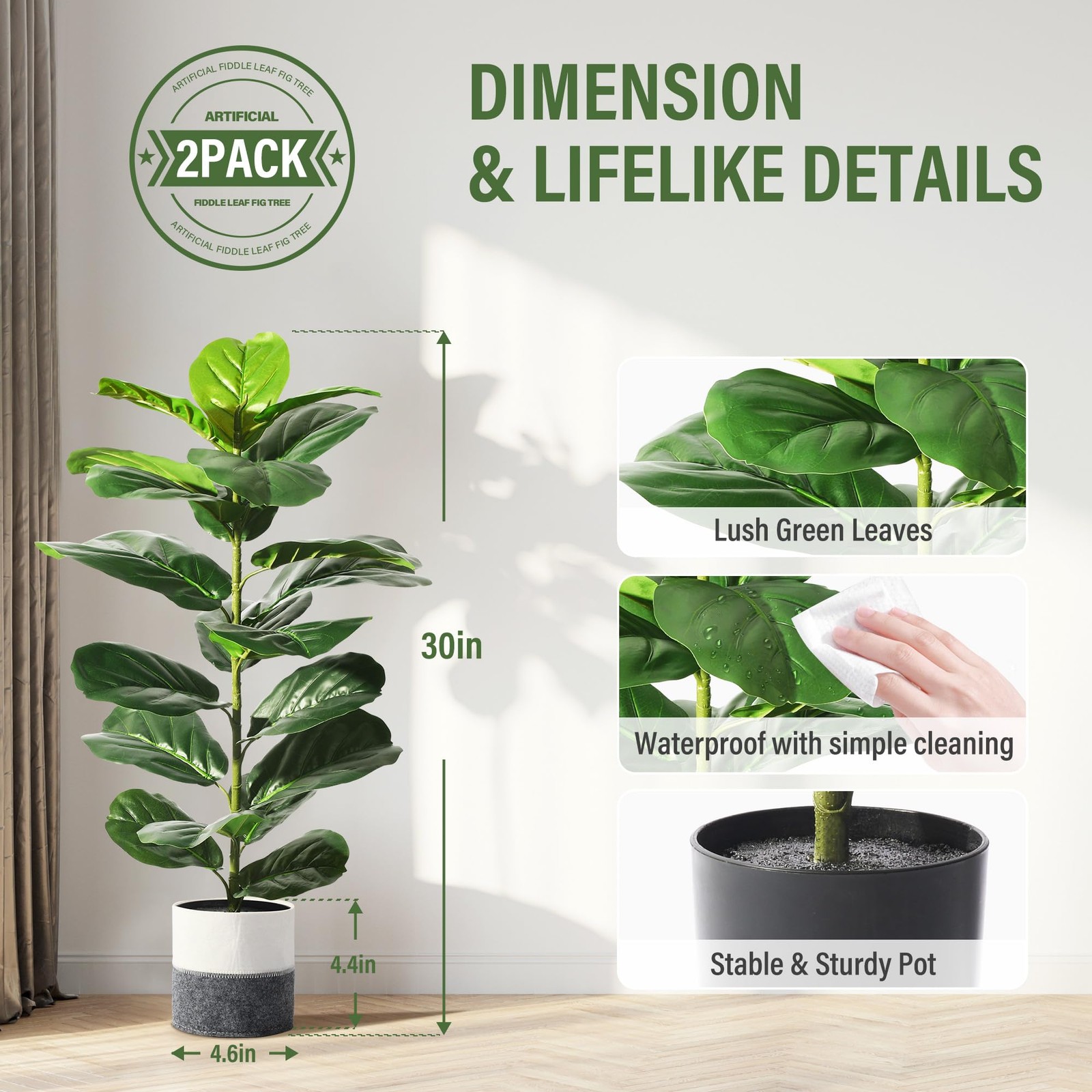 2 Pack Artificial Fiddle Leaf Fig Tree, 30″ Ficus Lyrata Fake Plants with Pot…