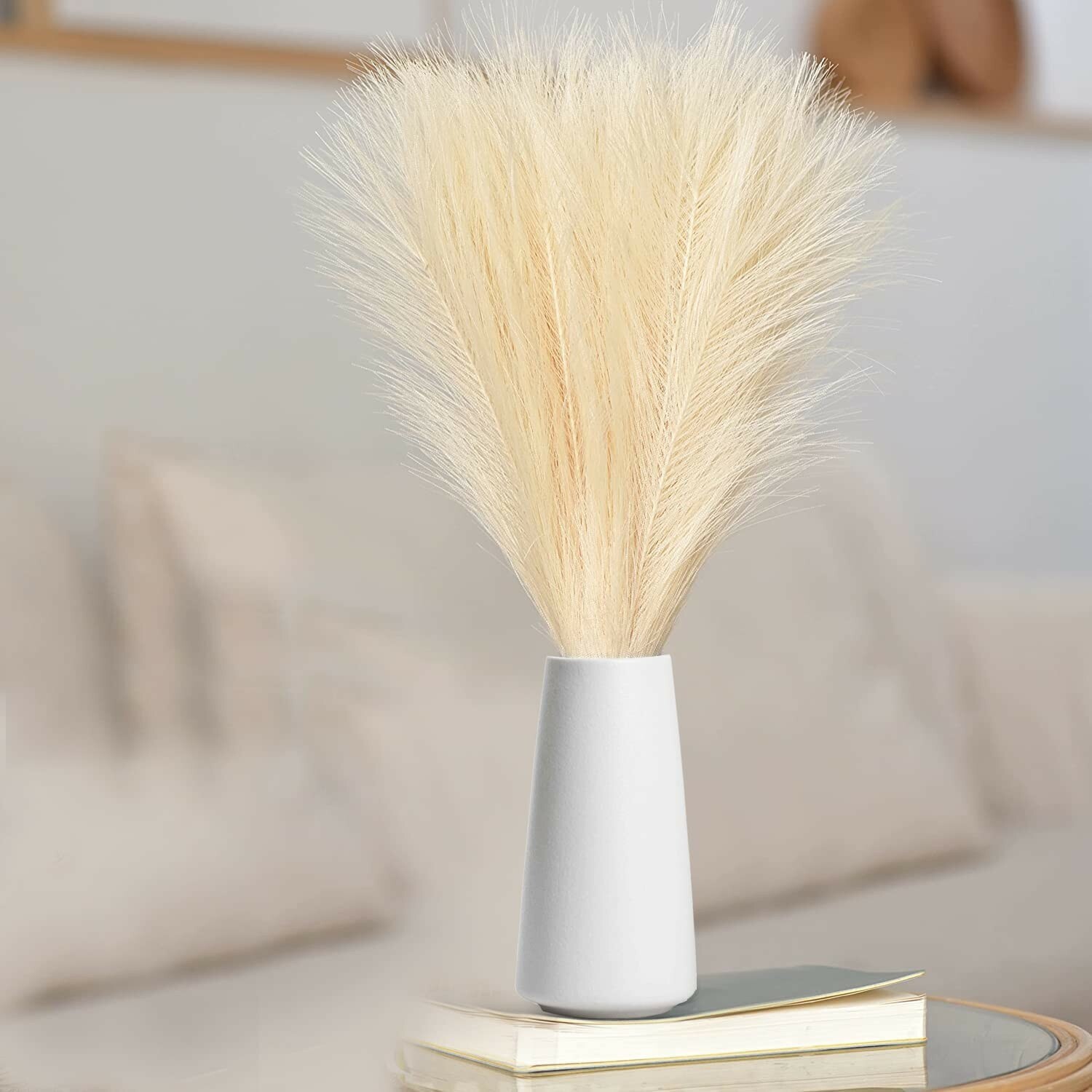 CHUKCHI Faux Pampas Grass-17.7″ 6 Bunches (Beige) Fluffy Artificial Dried