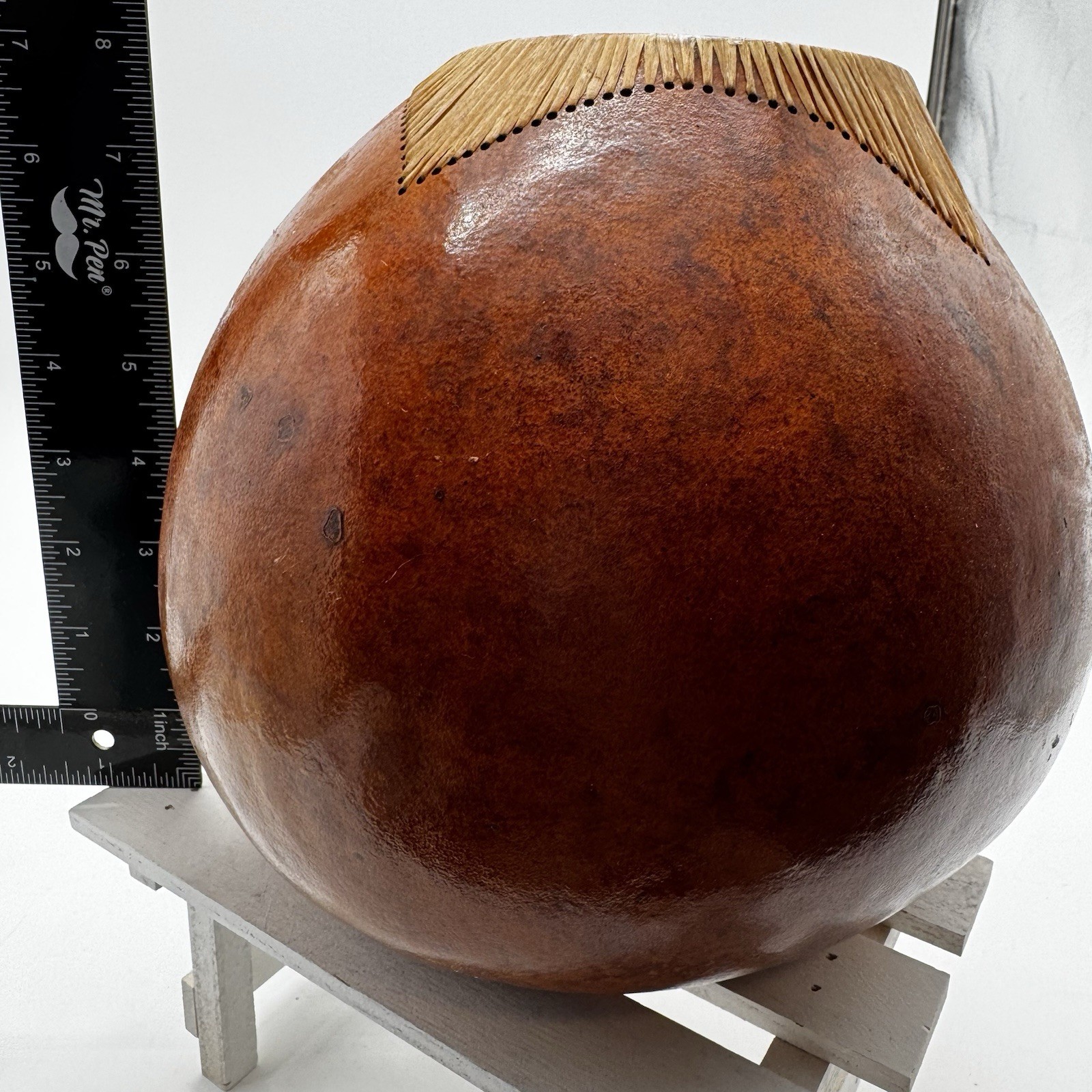 Home decor Gourd large primitive folk art Woven Trim dried flower vase