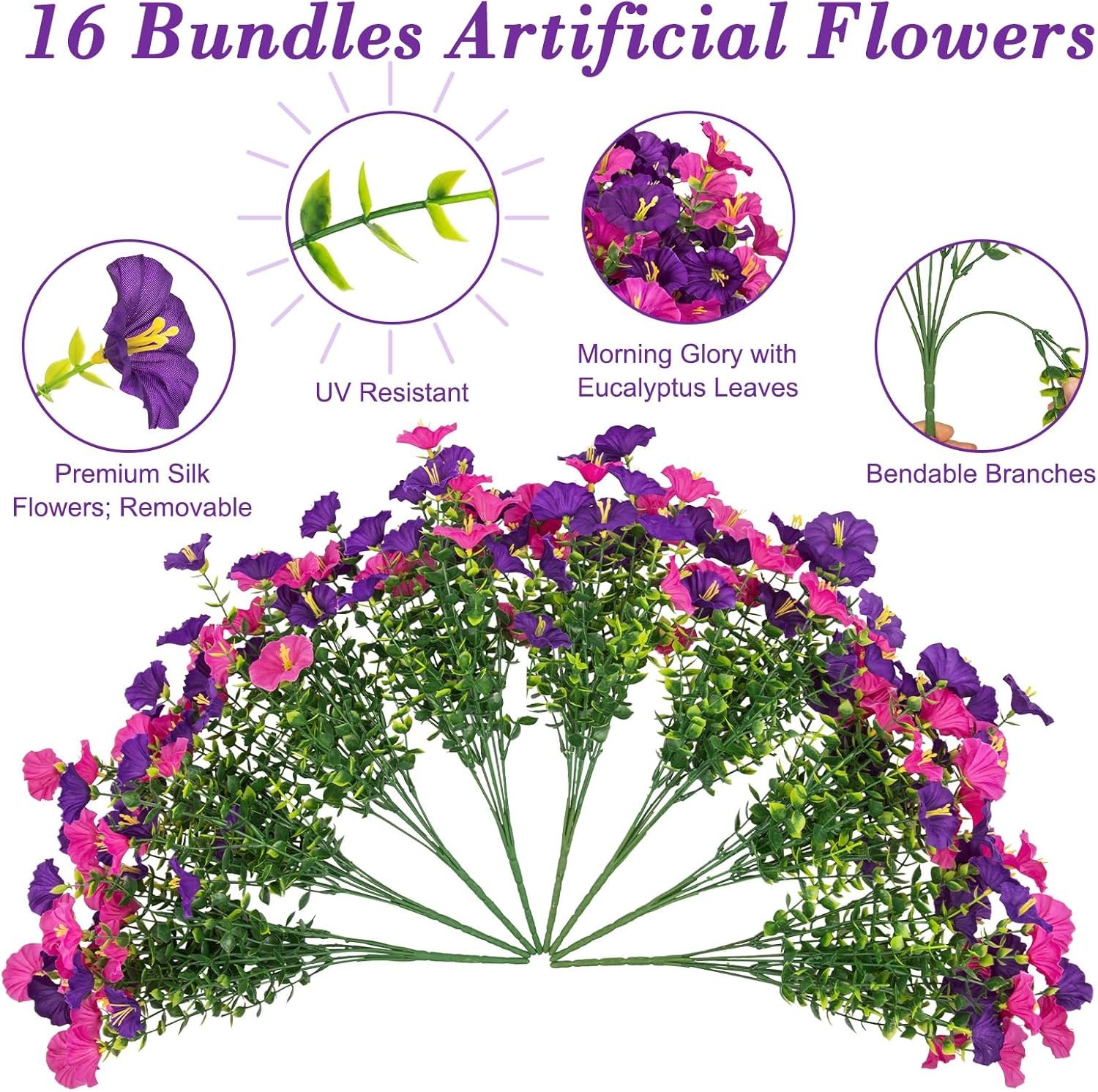 Artificial Flowers for Outdoors 16 Bundles Mix Color Silk Fake Flowers Morning