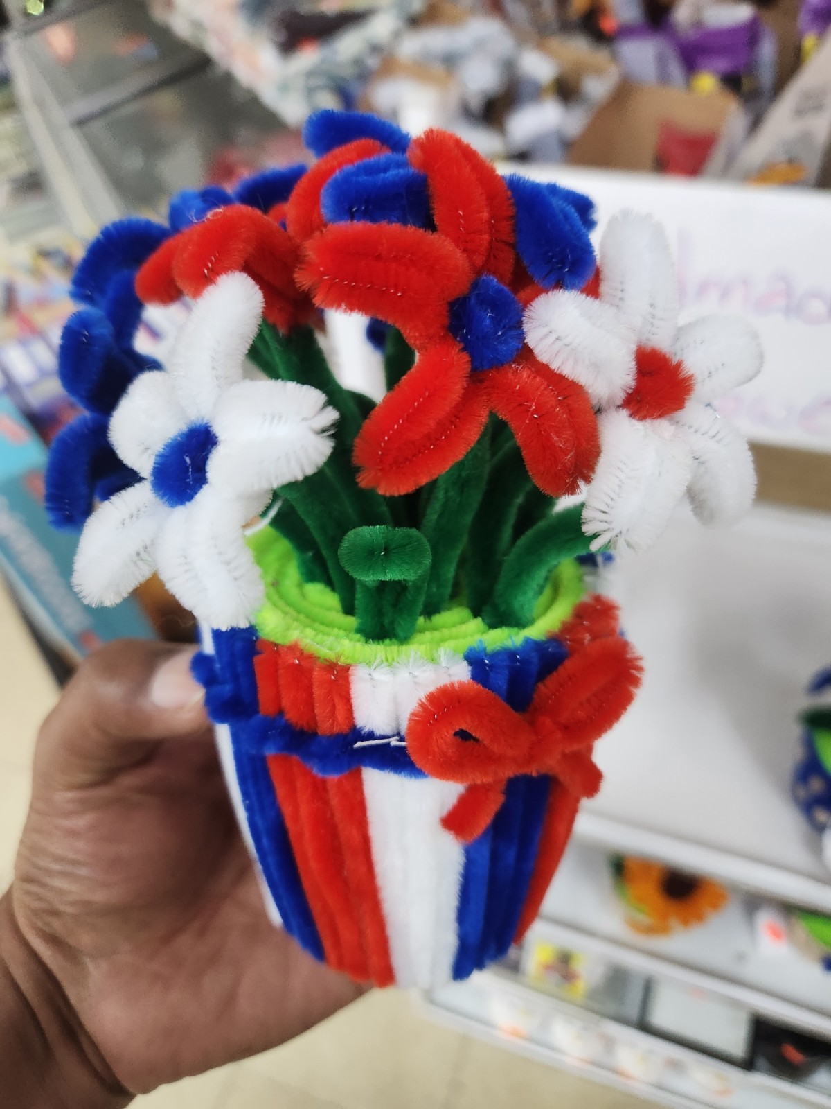 Hand Made Flower Pot Arrangement & Centerpiece, Red White Blue Green
