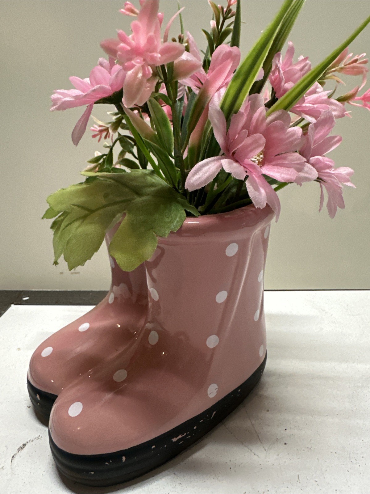 Ceramic Rain Boots In Pink Polk A Dot With Spring Flowers Decor For Springtime