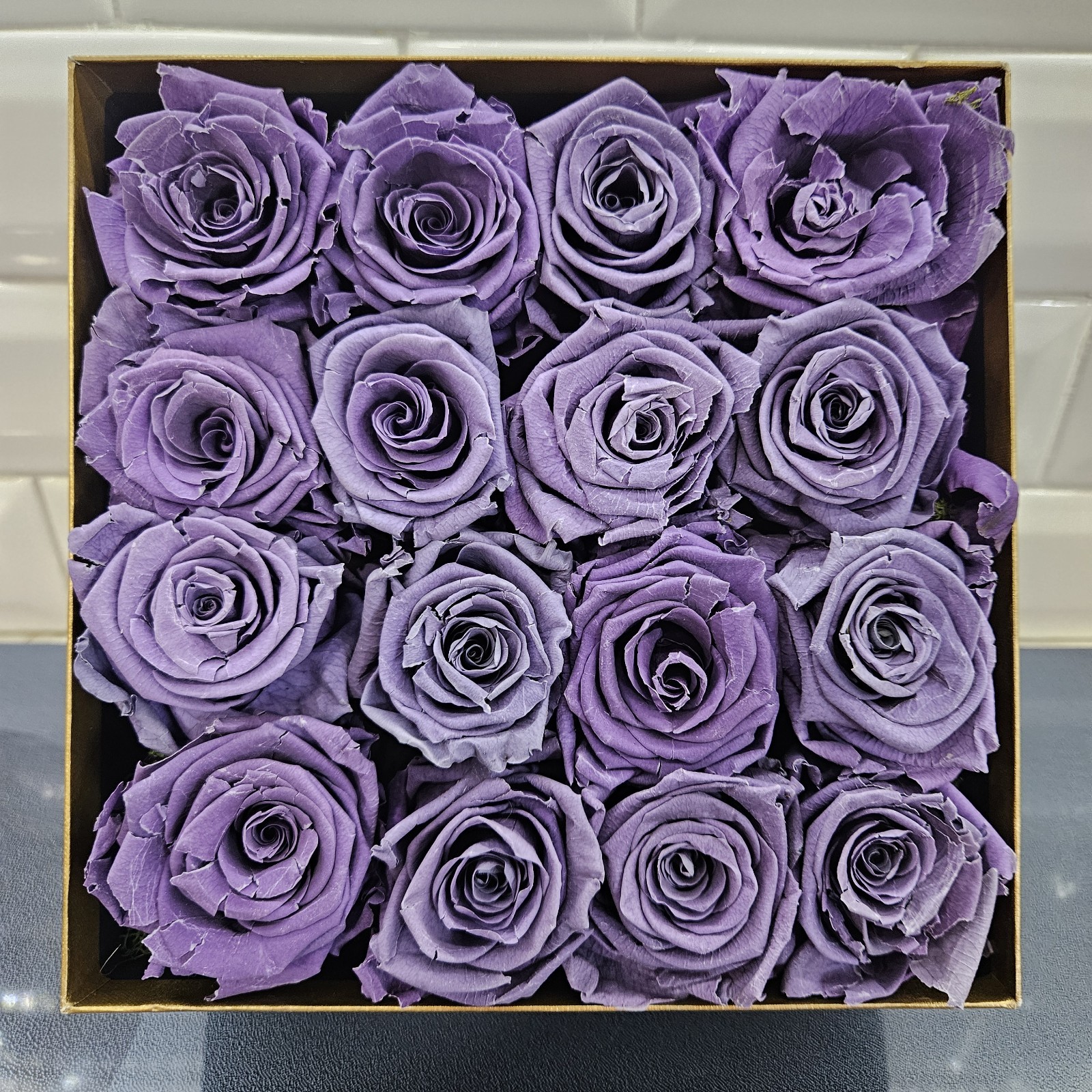 Forever Purple Roses Preserved Eternal Flowers Luxe Bloom 16 in Square Gift Box