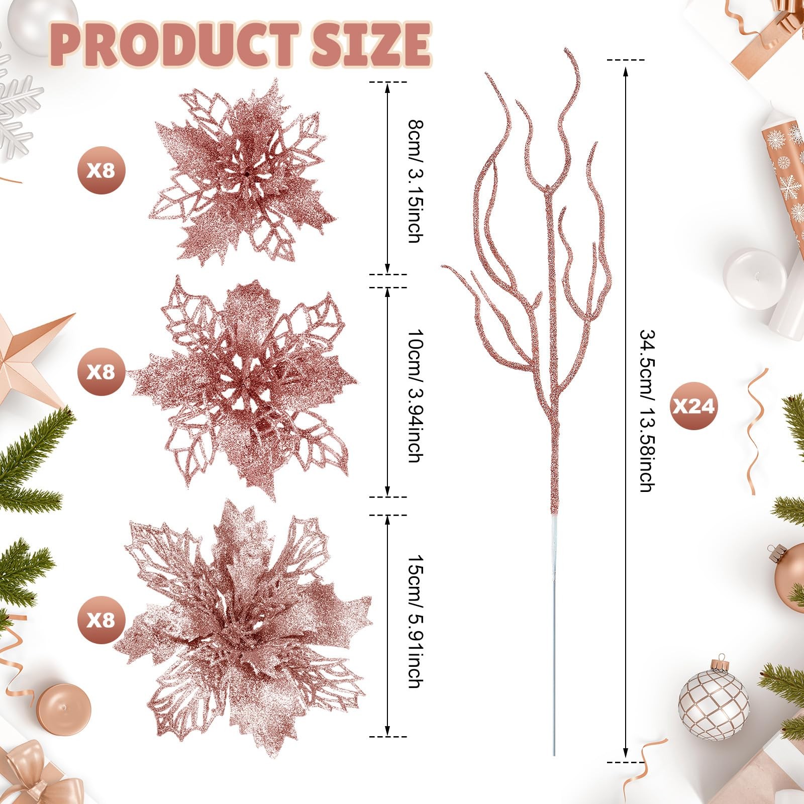 48 PCS Rose Gold Glitter Poinsettia Artificial Flower Christmas Decoration