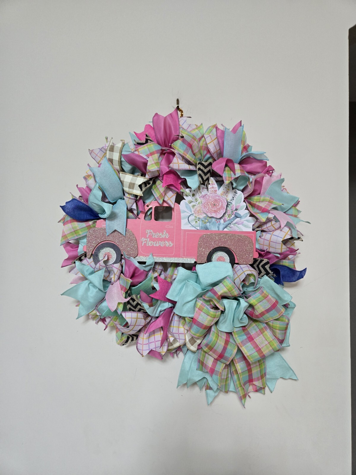 FRESH FLOWERS pink Truck WREATH Spring SUMMER Fall Front Door Wall Decor BIG BOW