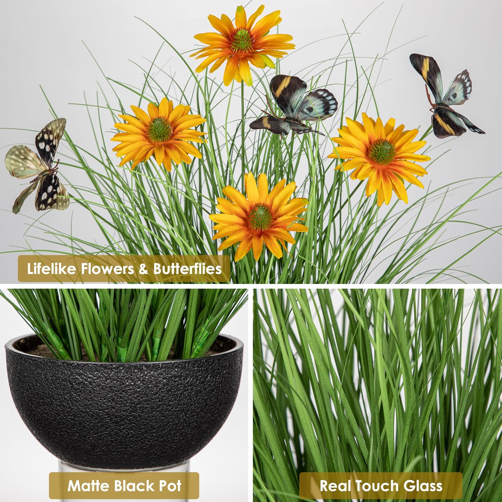 1 PCS 17.3 Inch Artificial Potted Plants Onion Grass Yellow Daisies Butterflies