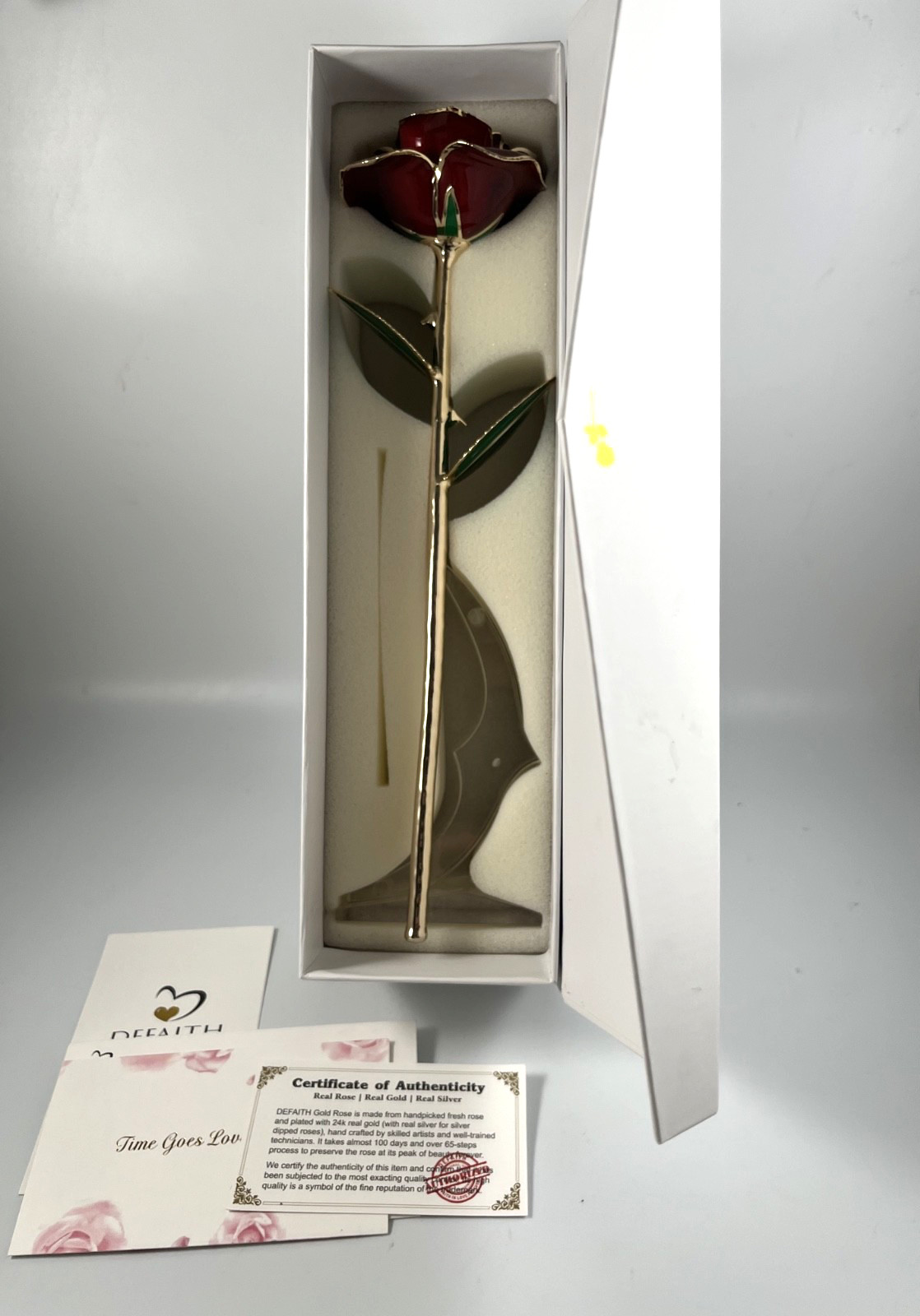 NIB DEFAITH 24K GOLD DIPPED RED WINE ROSE ANNIVERSARY GIFT w/BOX