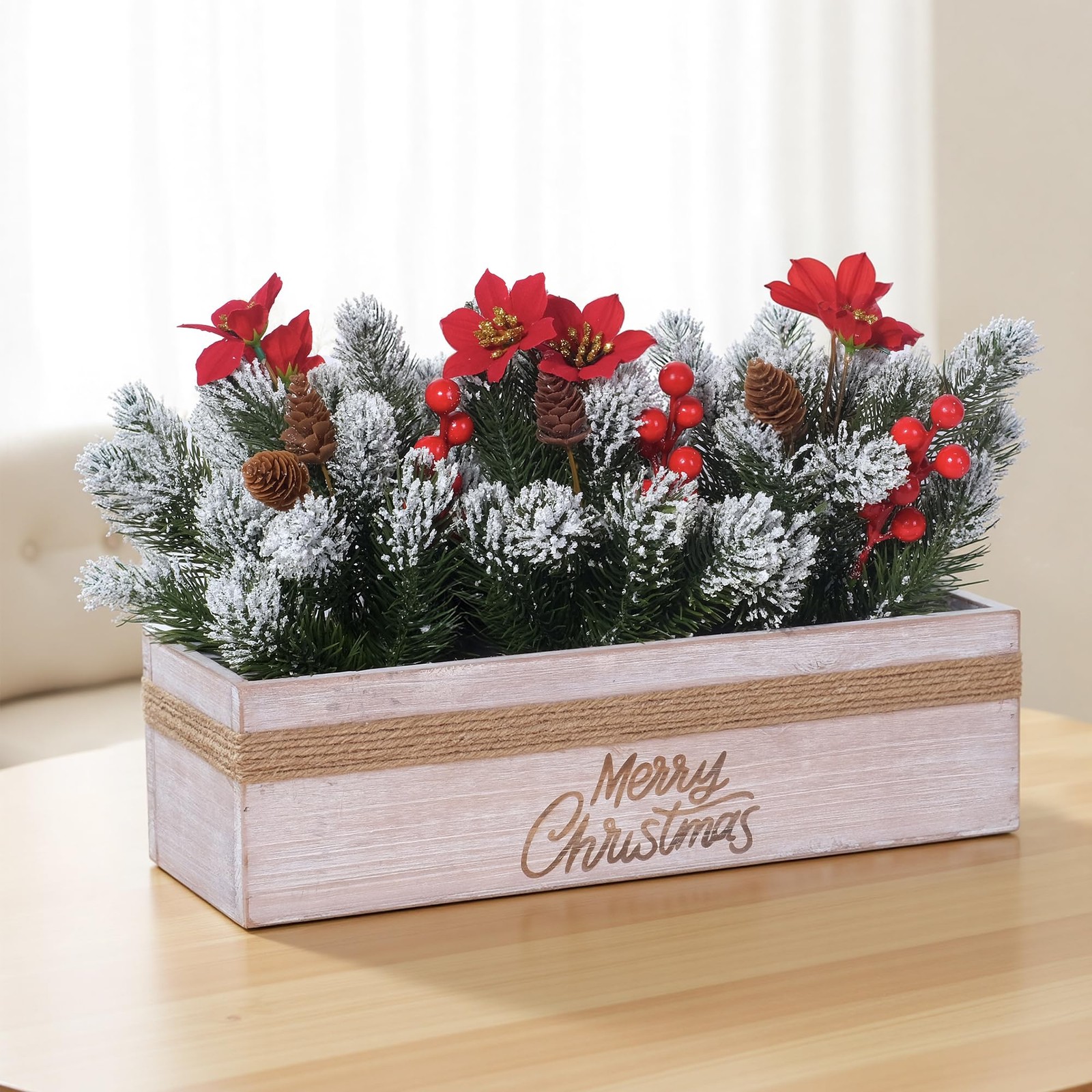 Christmas Table Centerpiece Decorations with Red Poinsettias, Snowy Norfolk P…