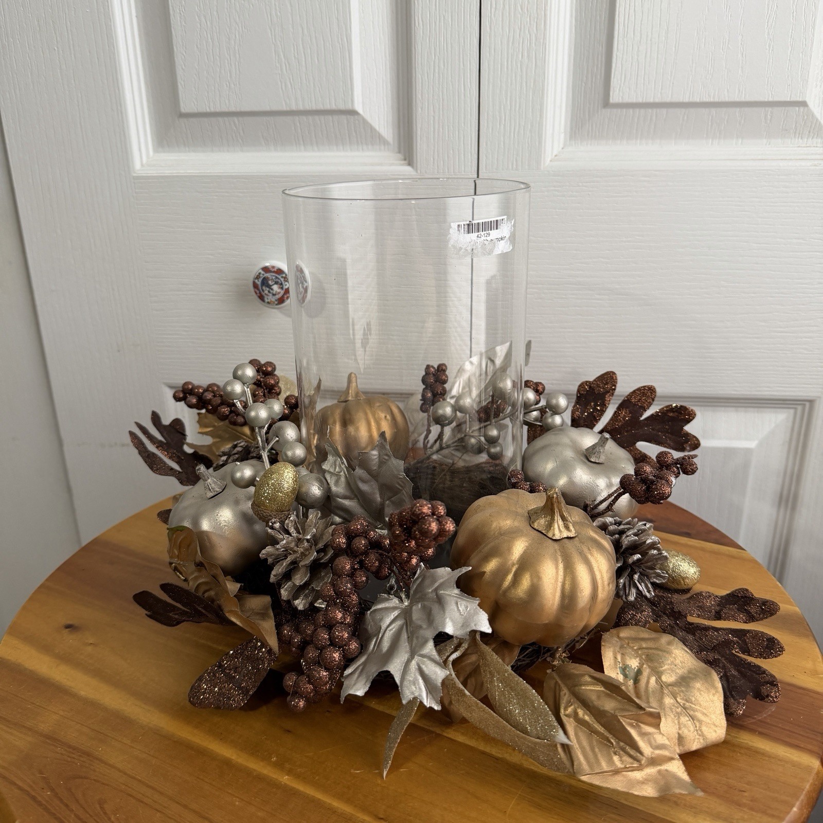 Faux Floral Pumpkin Clear Glass Vase Fall Centerpiece Thanksgiving Dining Table