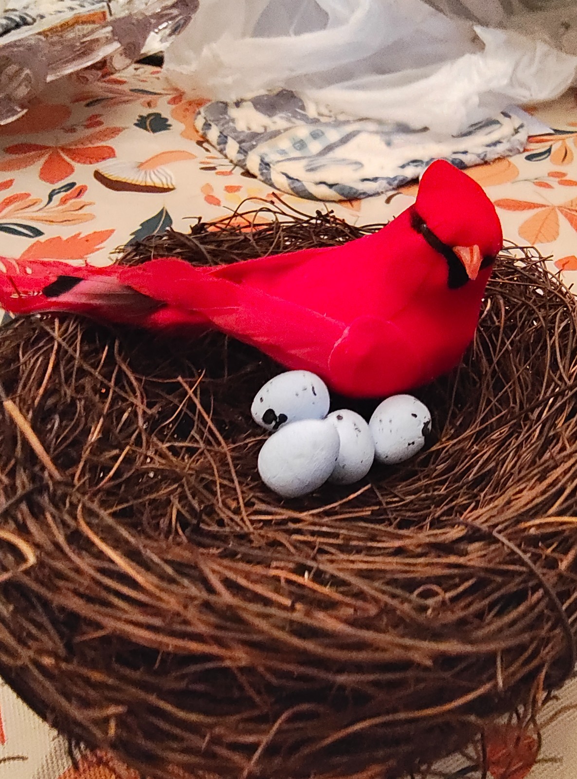 6″ Artificial Cardinal Bird’s Nest with a Cardinal & Blue Eggs.
