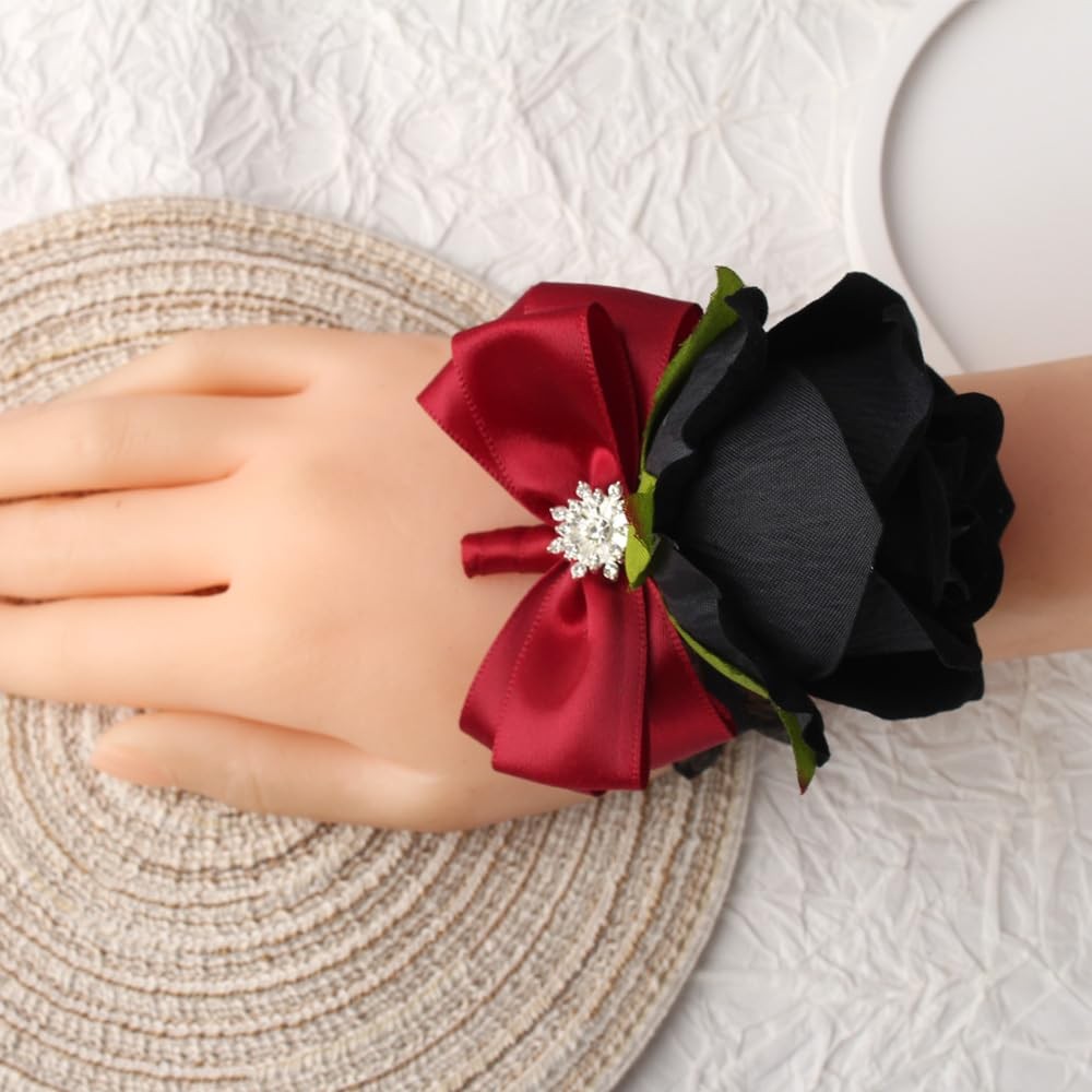2 PCS Red Black Rose Wrist Corsage Boutonniere Set Wedding Prom Party Decor