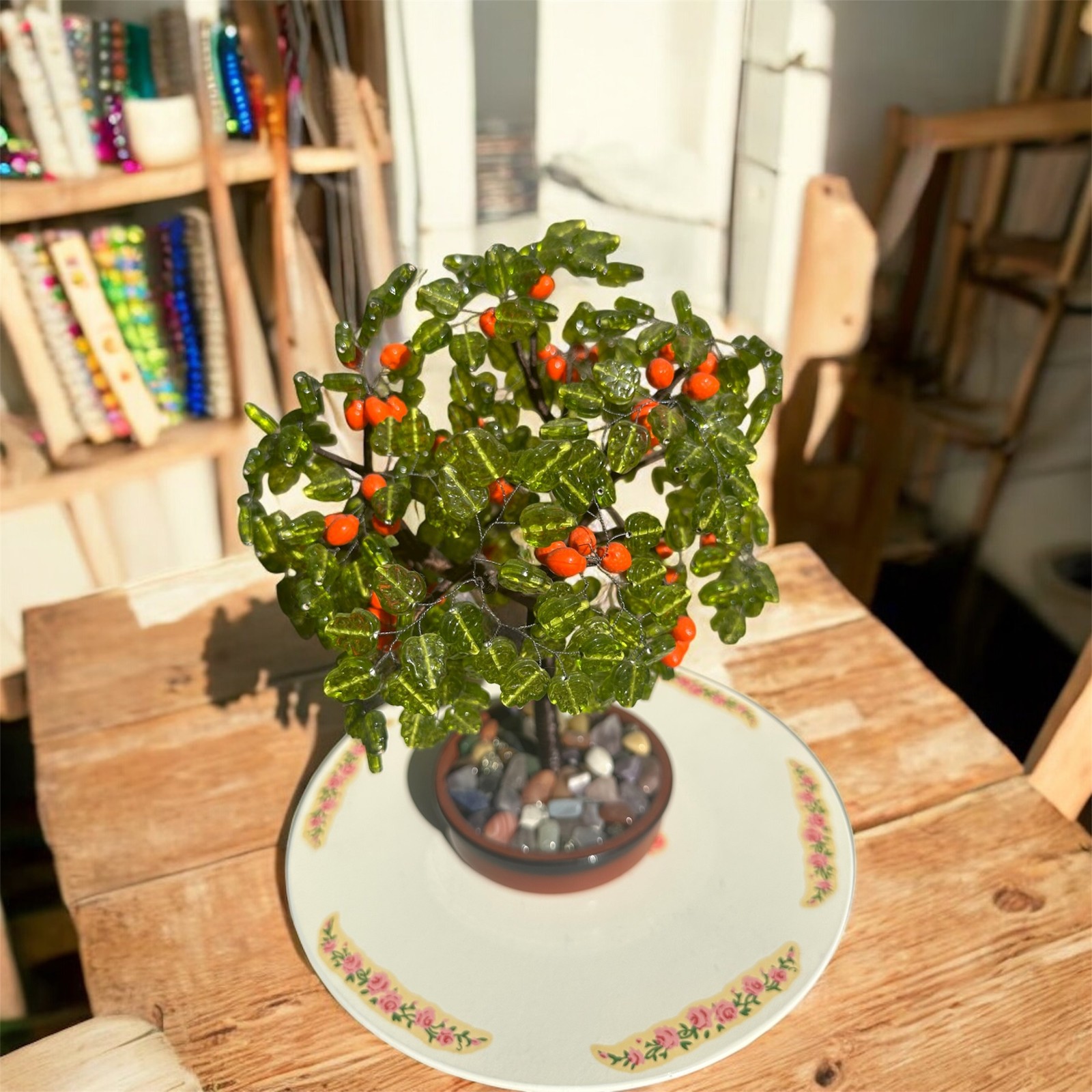 Handmade Orange Life Tree Sculpture with Czech Glass Beads