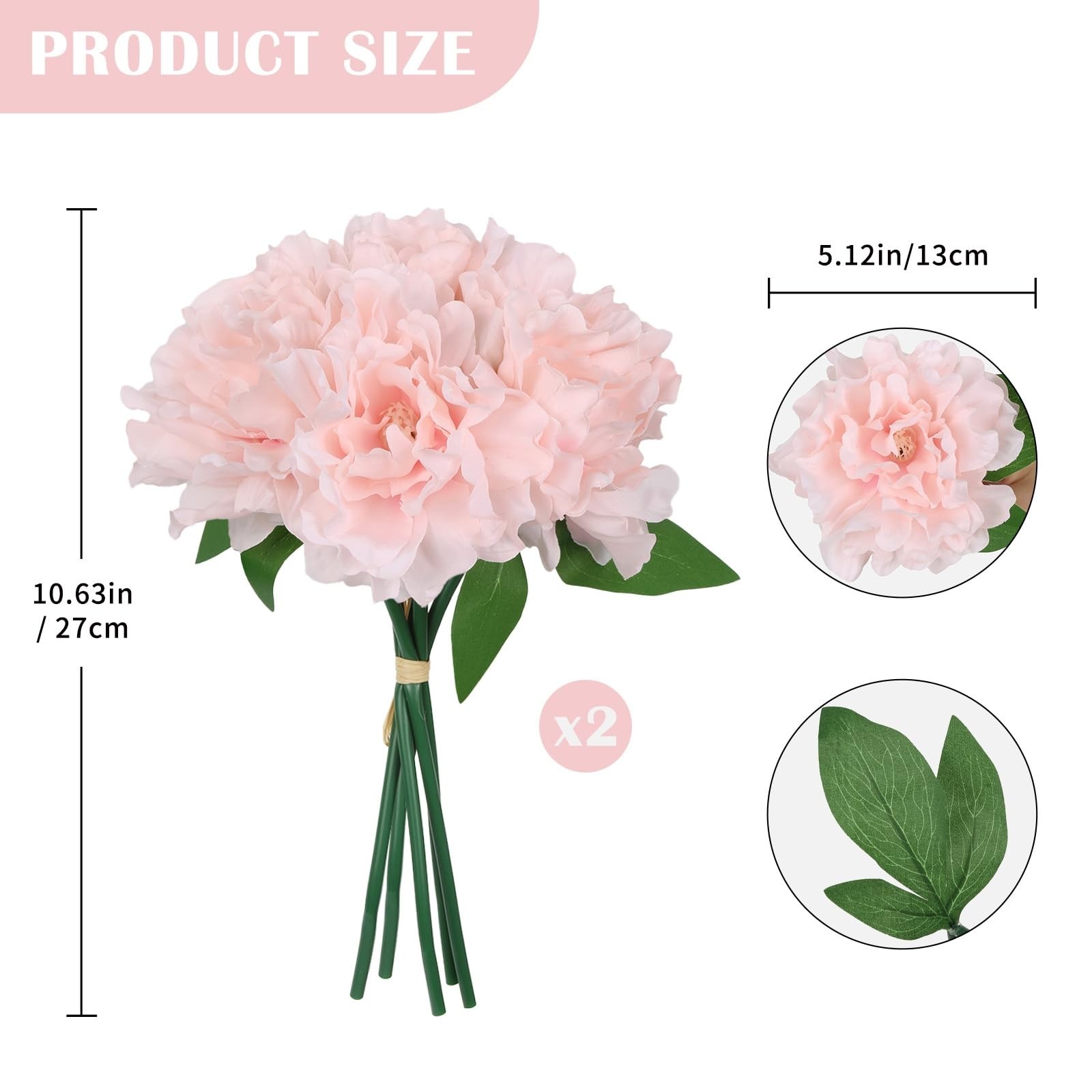 2 Bundles Pink Flowers Artificial Peonies Bouquets 10.63″ Faux Silk Peony Flo…