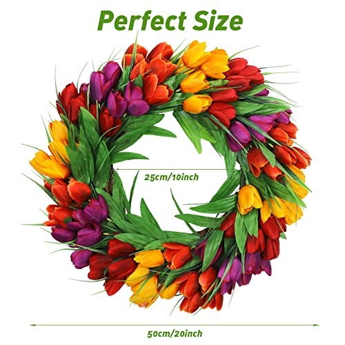 Tulip Wreath for Front Door, Spring Summer Silk 20 Inch Red Yellow Purple