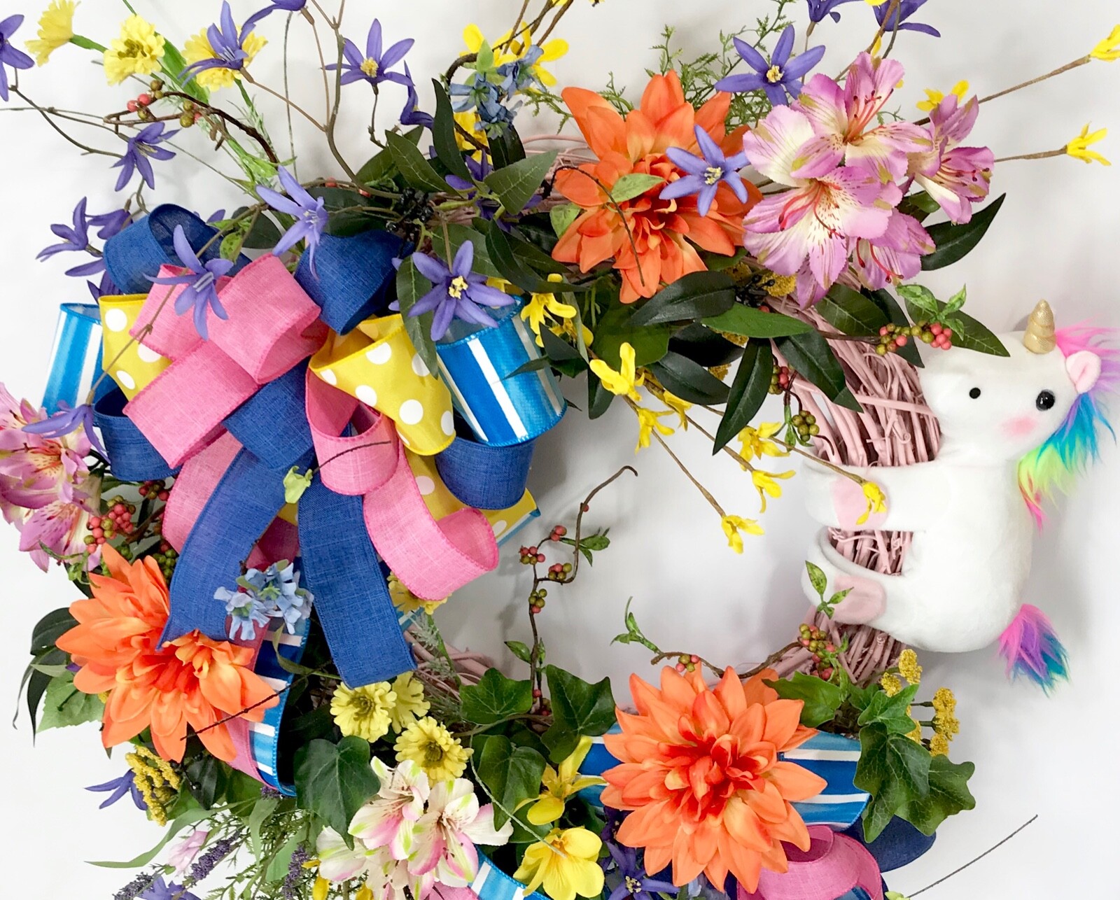RAINBOW UNICORN PINK GRAPEVINE WREATH FRONT DOOR BRIGHT SUMMER FLOWERS DECOR NEW