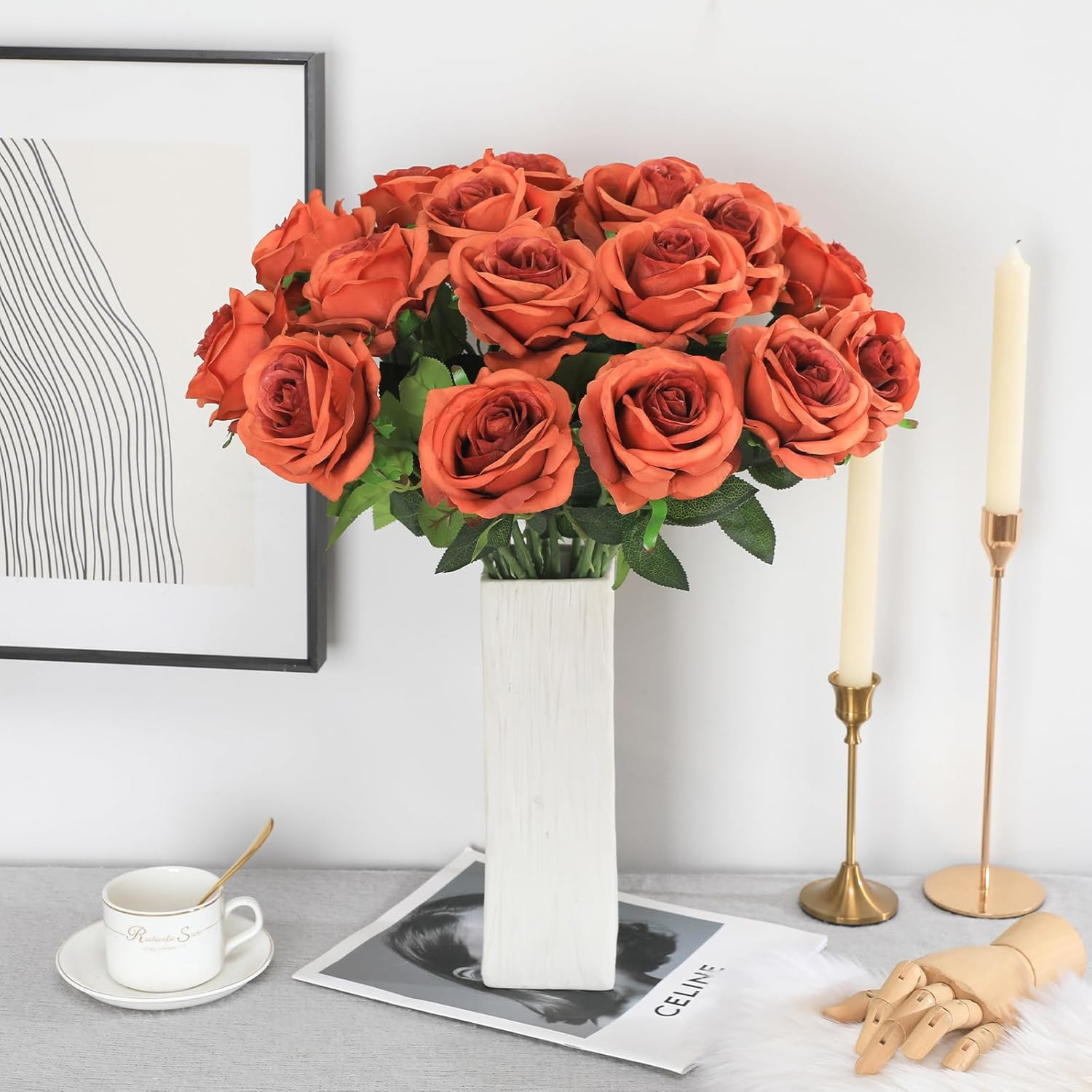 Orange Roses Artificial Flowers -12 Pcs Long Stem Silk Roses, Realistic Fake Ros