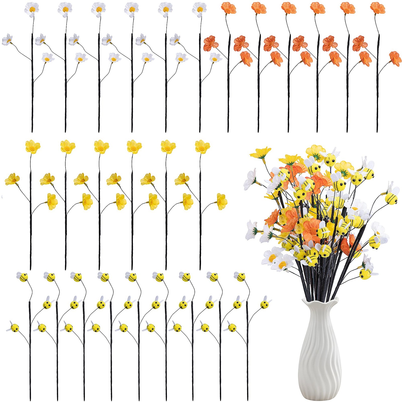 24 Pcs Felt Bee Stems with Artificial Flowers Picks, Felt Honeybee Branches F…