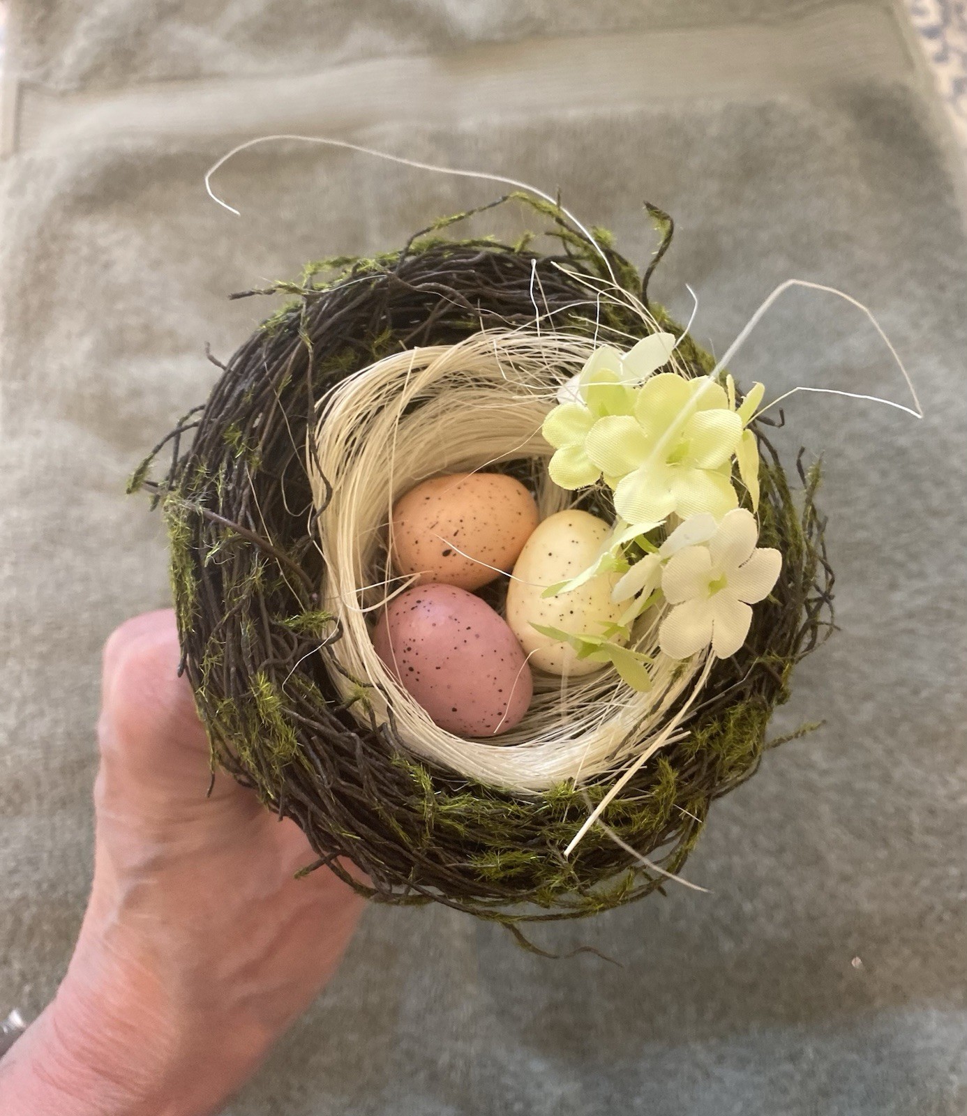 Easter Bird Nest Floral Pick Decor w Speckled Eggs, Moss , & Flowers