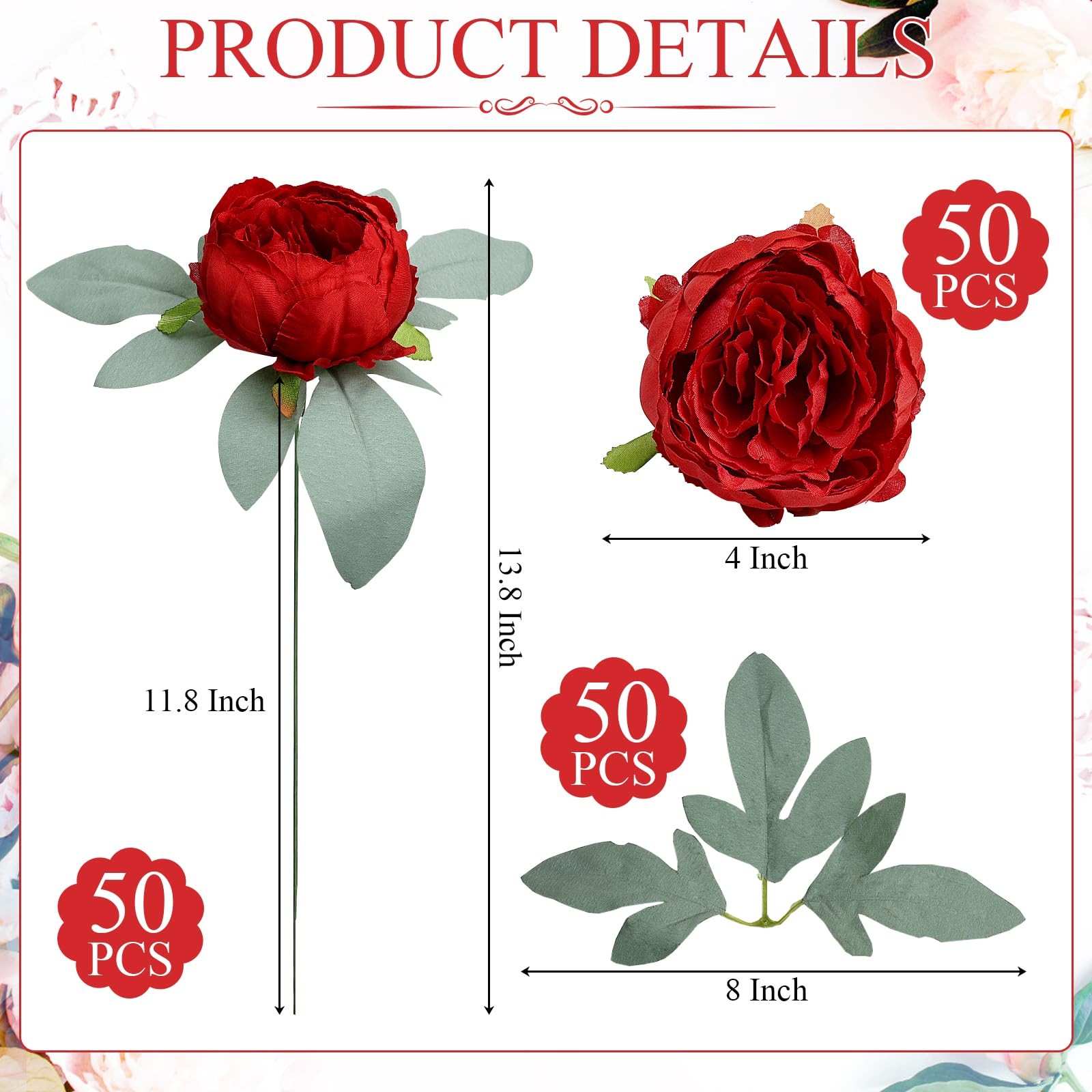 50 PCS Artificial Peonies Flowers Bulk 4 Inch Red Silk Heads Faux Decor