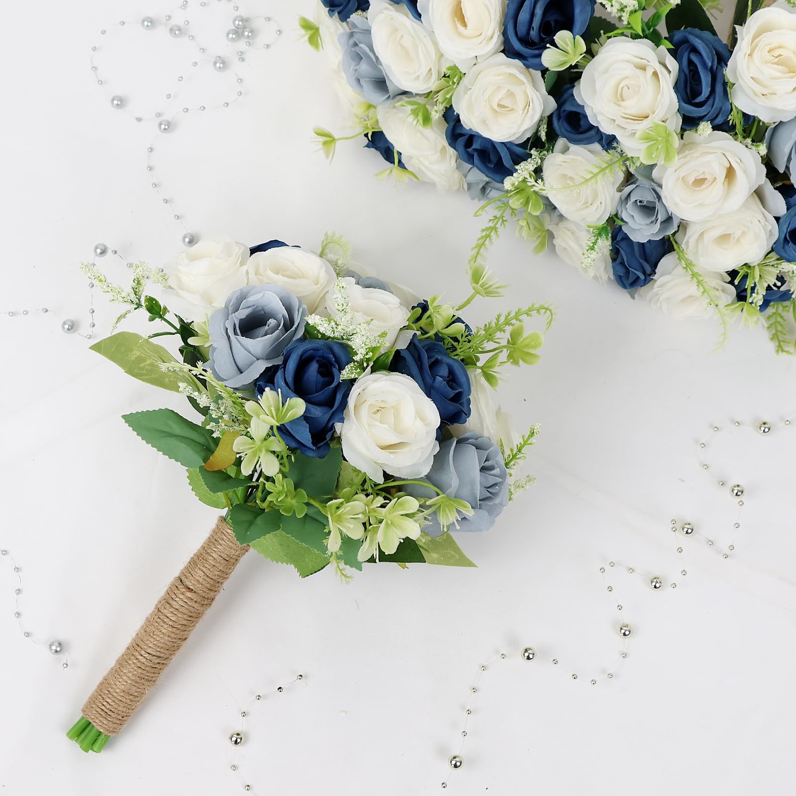 Set Of 2 Navy Dusty Blue White Bridesmaid Bouquets 7 Inch Wedding Ceremony