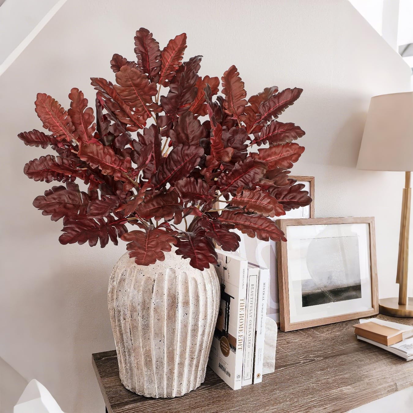 Faux Oak Leaf Branches 5 Pcs Fall Leaf Stems for Vases, 18″ Burgundy Fall Ste…