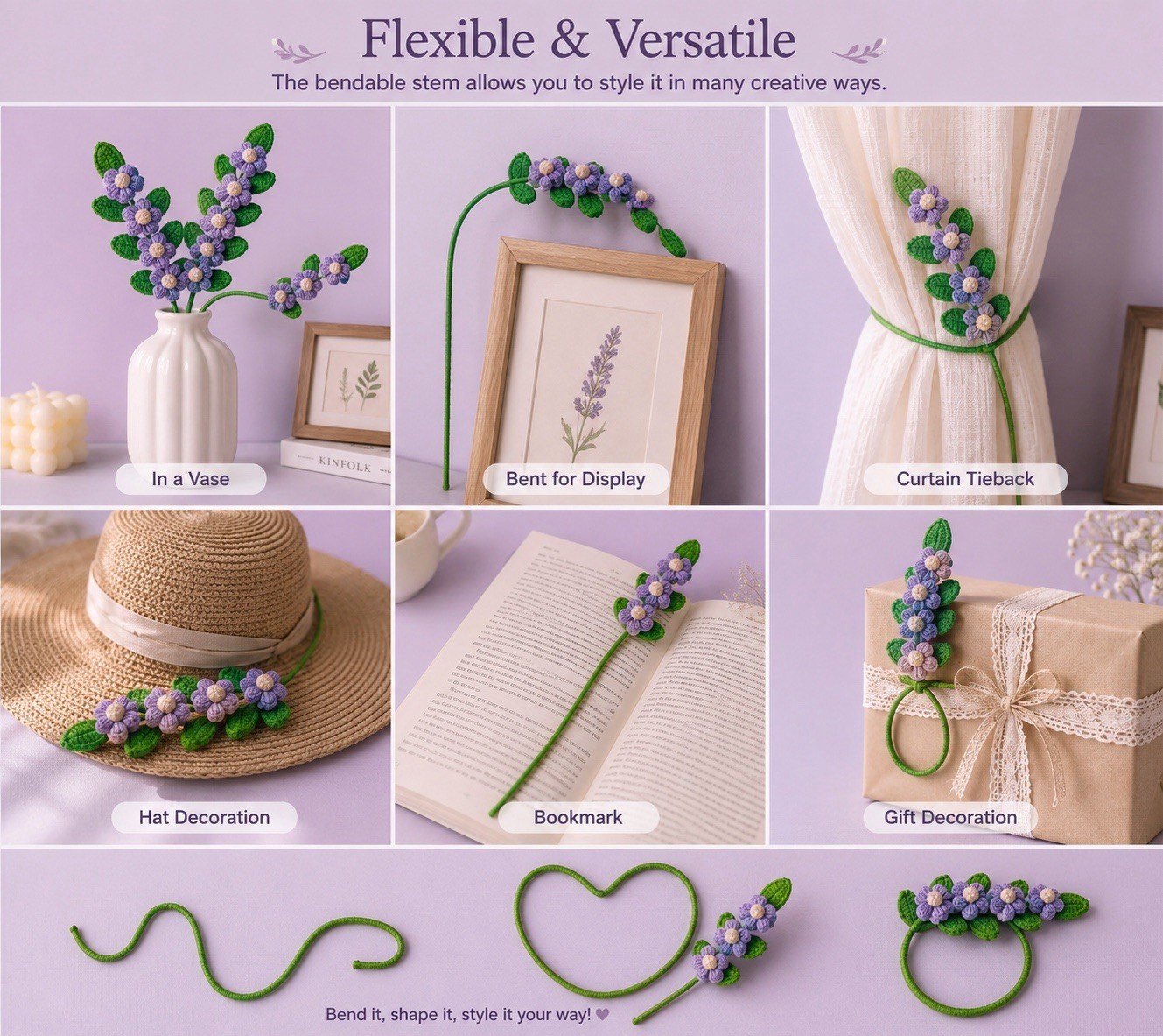 One Handmade Crochet Lilac Flower Stem 12” Floral Decor Gift Home Decoration