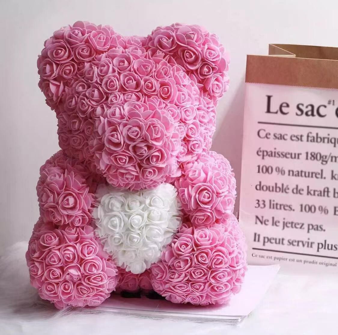 Birthday Gift Rose Bear 14” Pink with white heart forever Rose Teddy Bear NEW!
