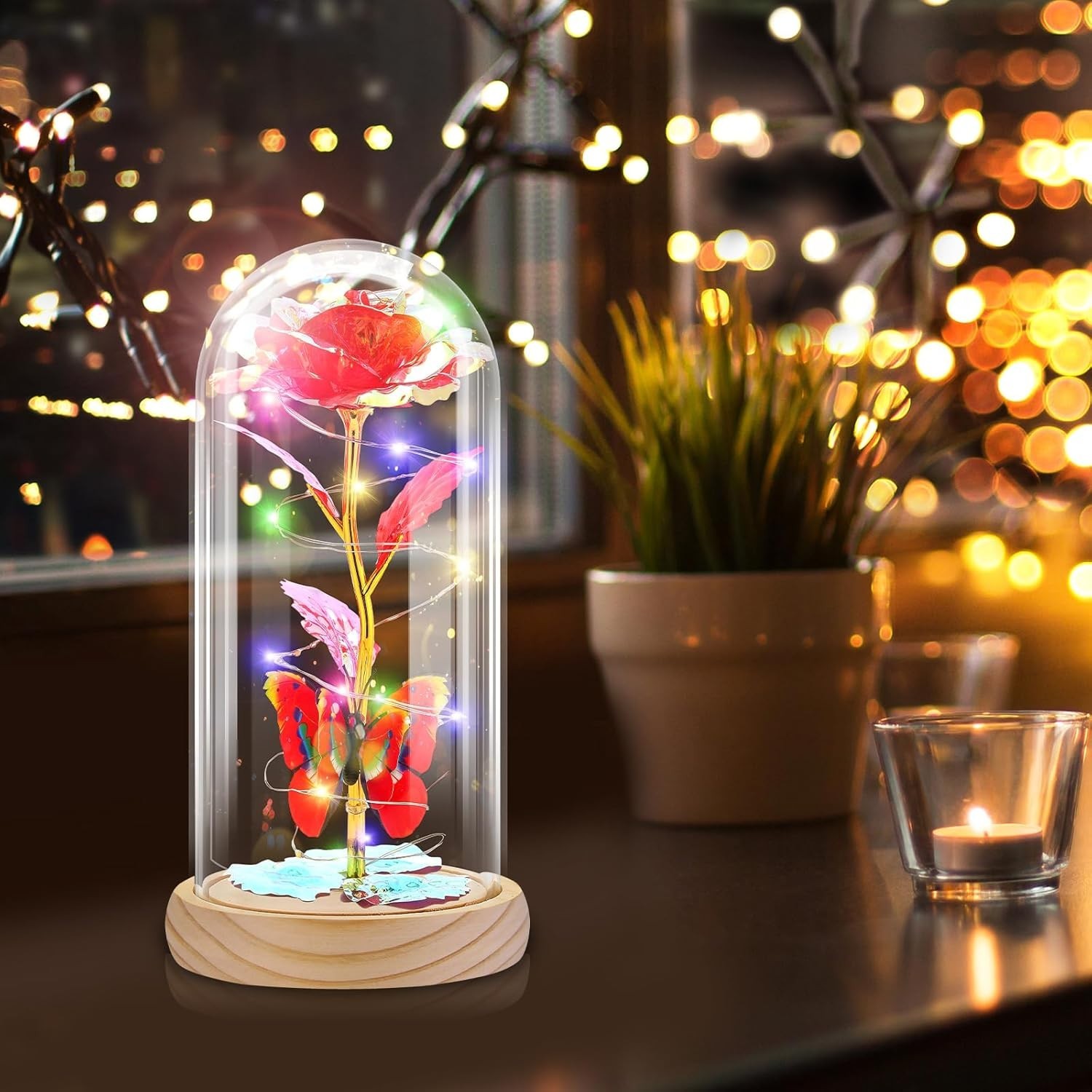 Preserved Rose Flower Lamp, Glass Rose Wood Base, Home Decor