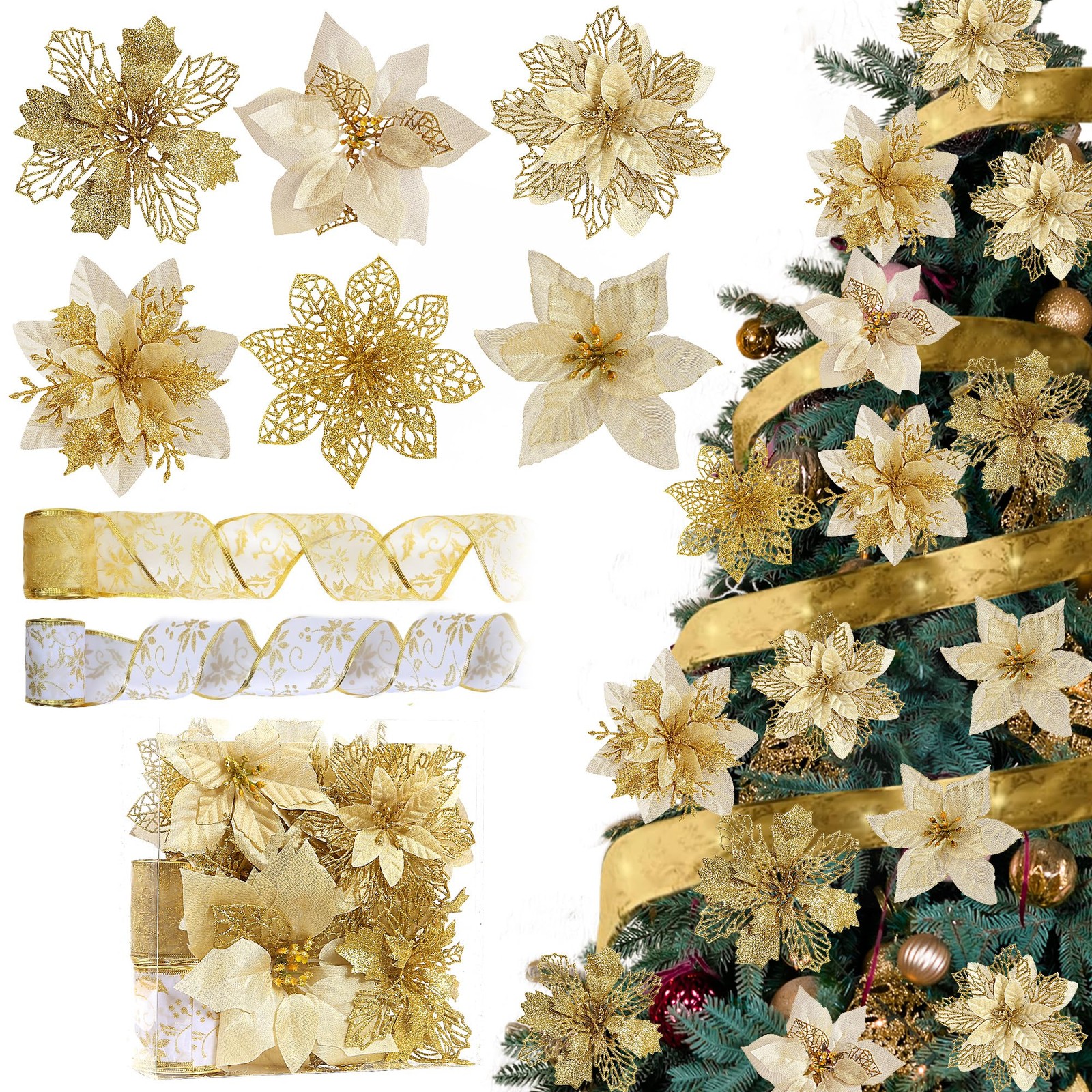 Christmas Glitter Poinsettia Flowers Ornaments Ribbons Sticks 26 PCS Set