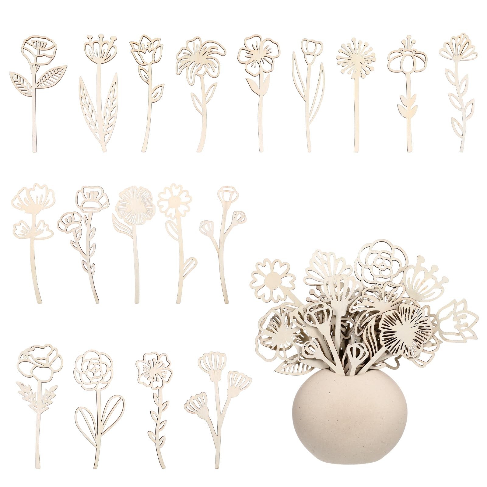 18 PCS Wood Wildflower Decor Set Wooden Flowers Crafts Laser Cut Home Art