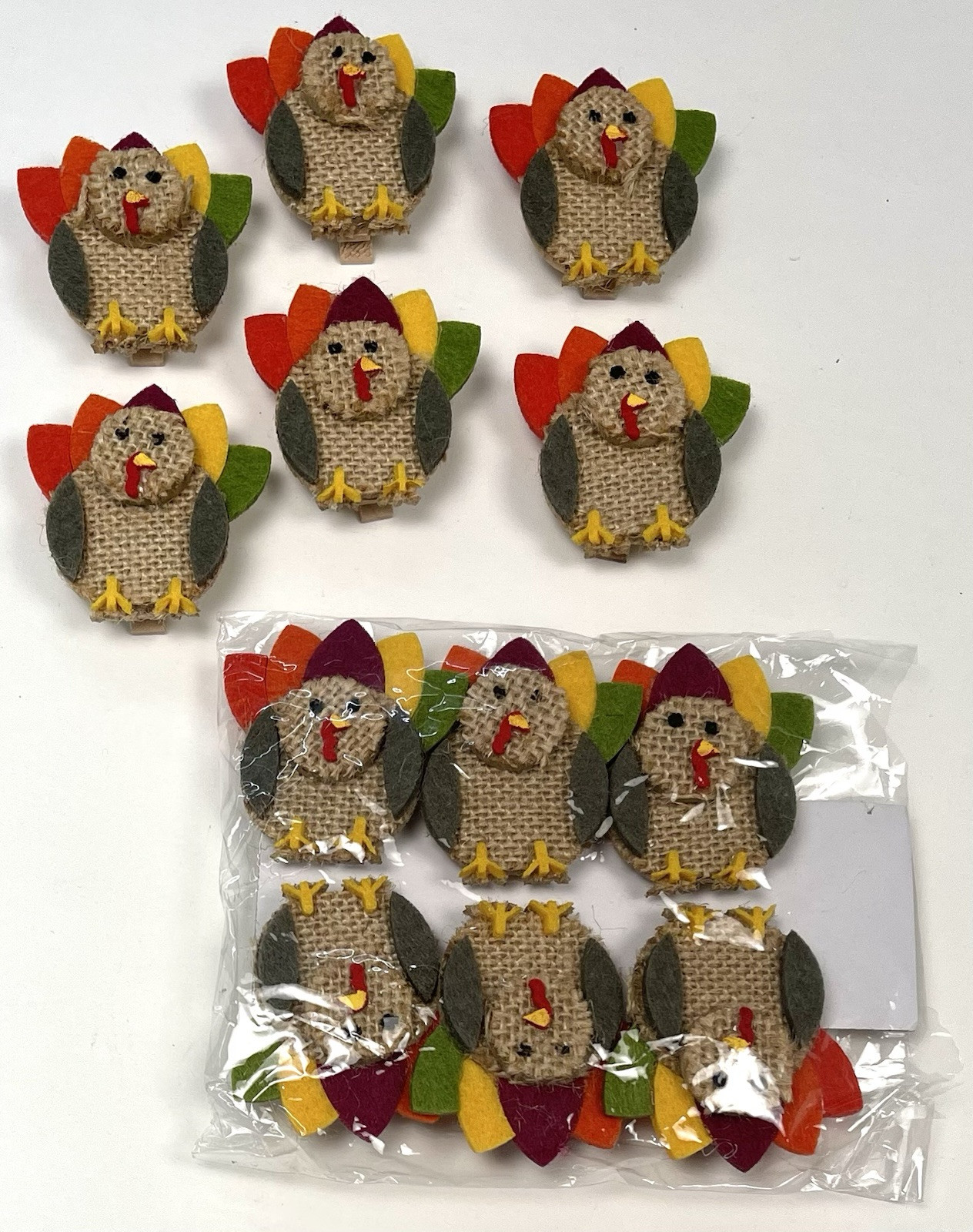 Set 12 Mini CLOTHES PINS Crafting Burlap Felt Fall Thanksgiving TURKEYS EUC