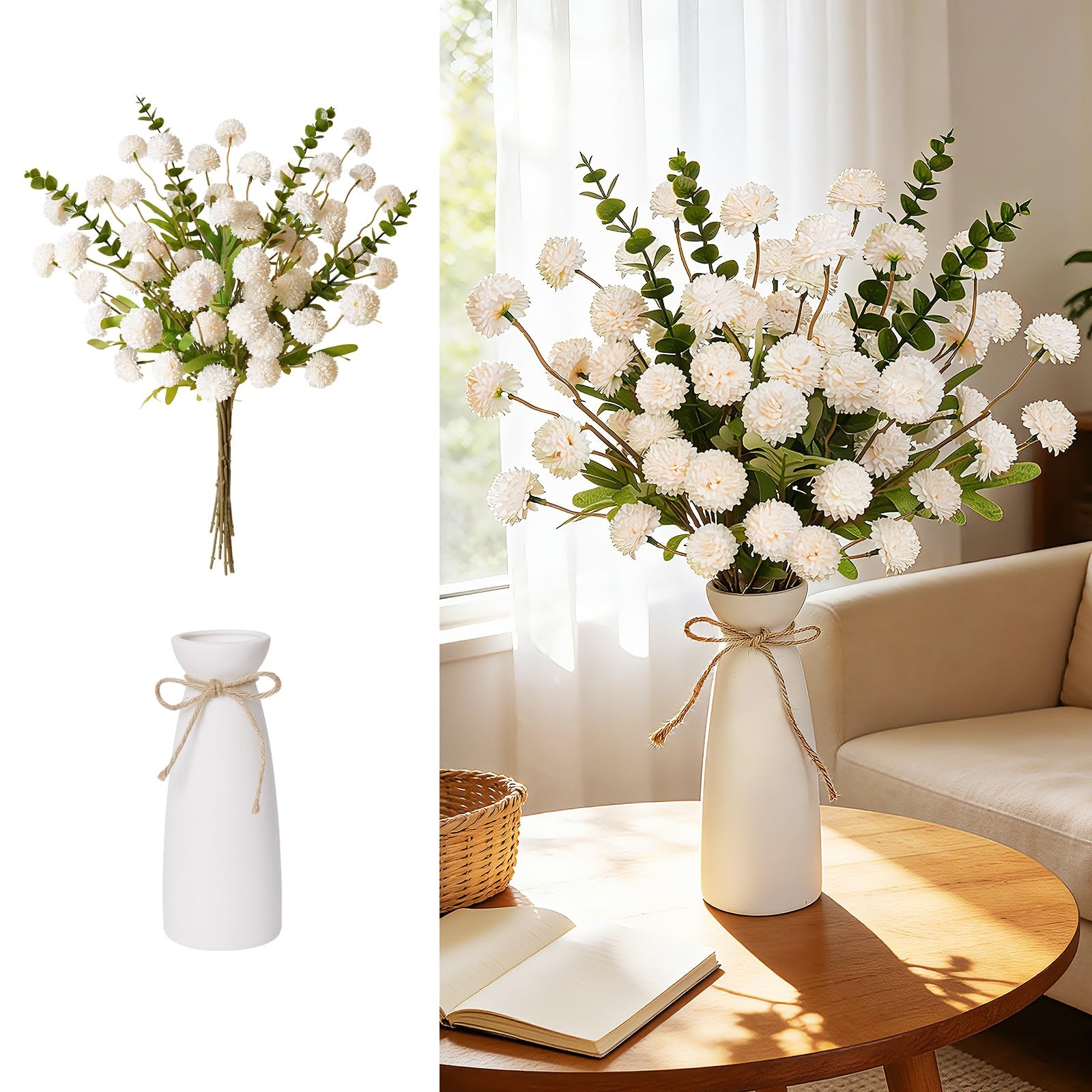 12pcs Champagne Artificial Flowers with White Ceramic Vase ,Faux Flowers for …