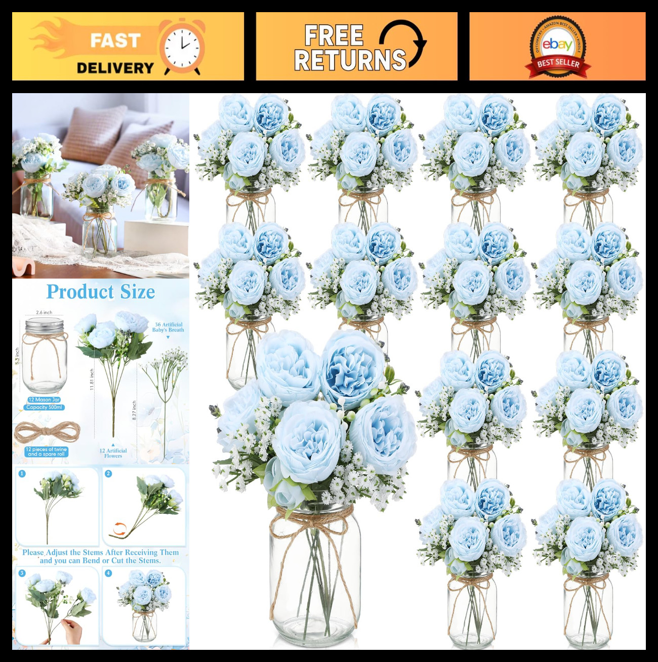 12 Sets Mason Jar Centerpiece Decor, Faux Peony & Baby’s Breath Bouquets, Rustic