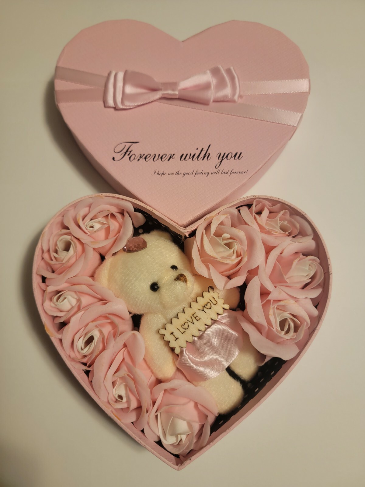 Pink White Girlfriend Wife Woman Rose Flower Gift Box w/ Bear Bouquet