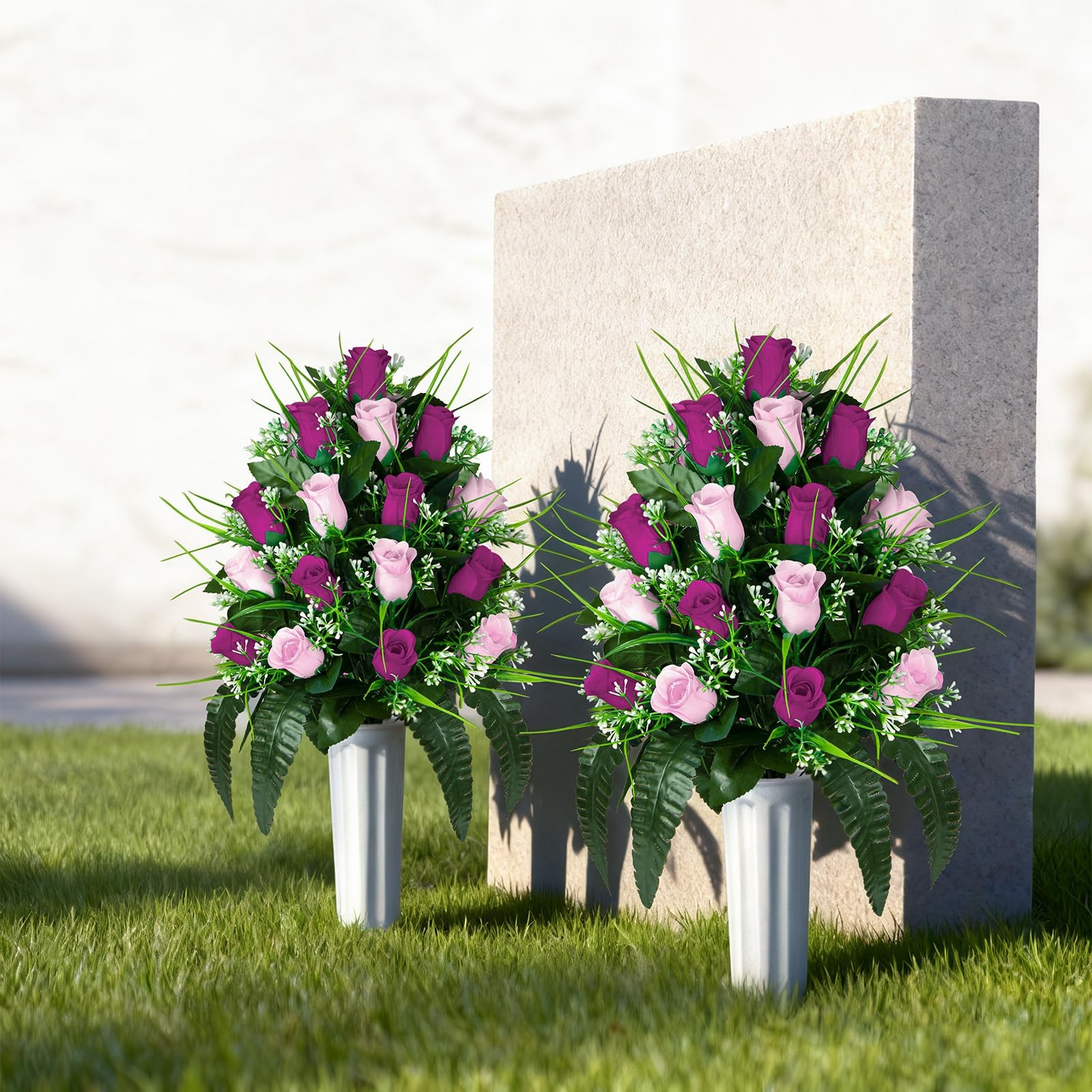 2 Sets Artificial Cemetery Flowers, Grave Decorations Roses, Memorial Flowers Bo