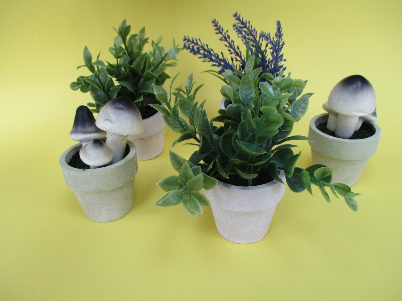 5 PLANTS IN POTS Artificial Small Fake home/office MUSHROOMS LAVENDAR GREENS