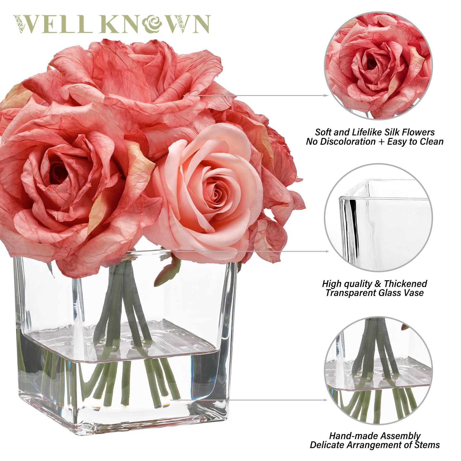 Artificial Silk Rose Flower In Vase With Faux Water Pink Table Centerpiece