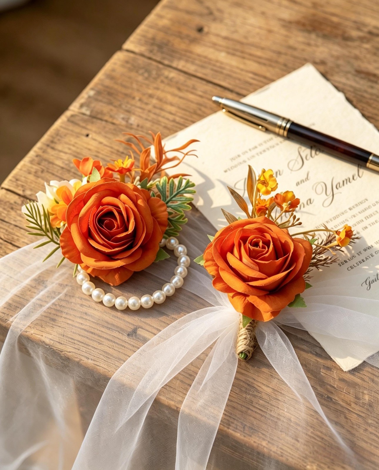 2 PCS Orange Rose Corsage Wristlet And Men Boutonniere Wedding Prom