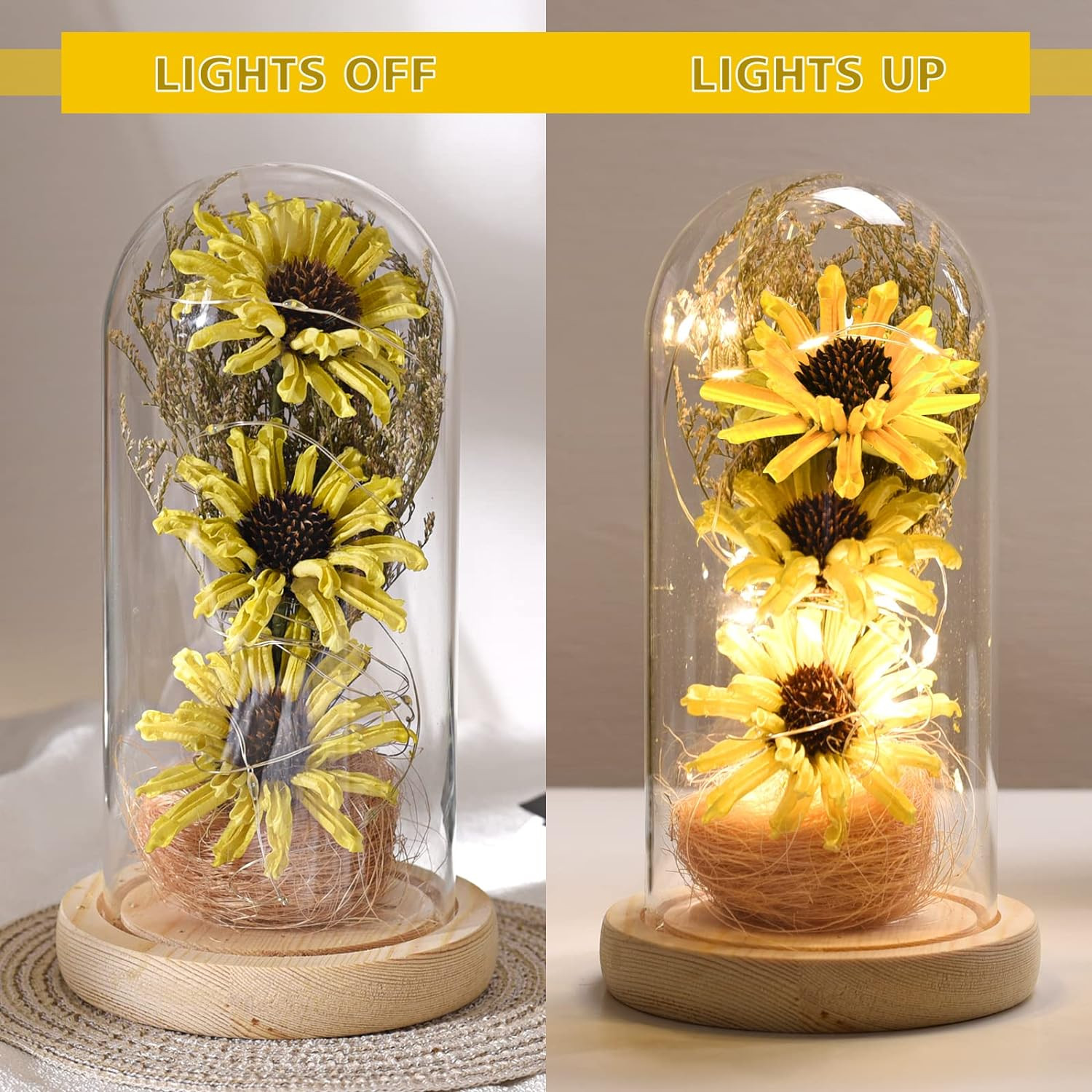 Sunflower Gifts for Women, Artificial Sunflowers in Glass Dome with LED Strip