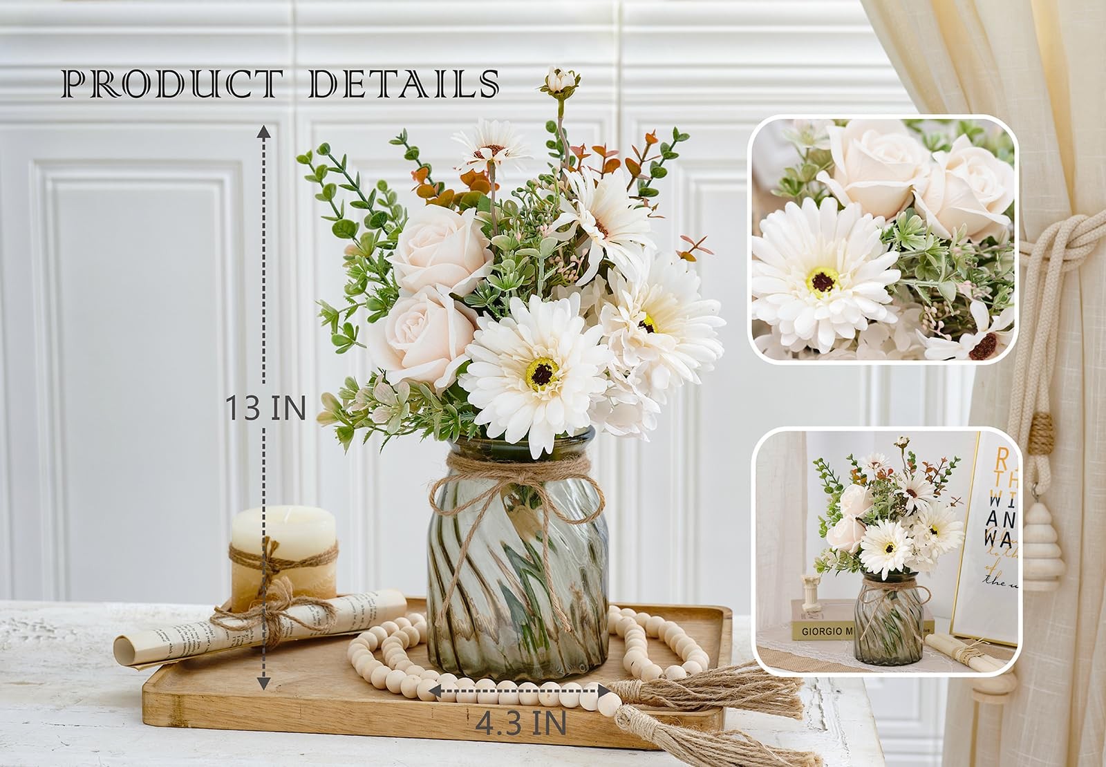 Artificial Daisy Rose Fake Flowers In Vase Faux Silk Plant Centerpiece Decor