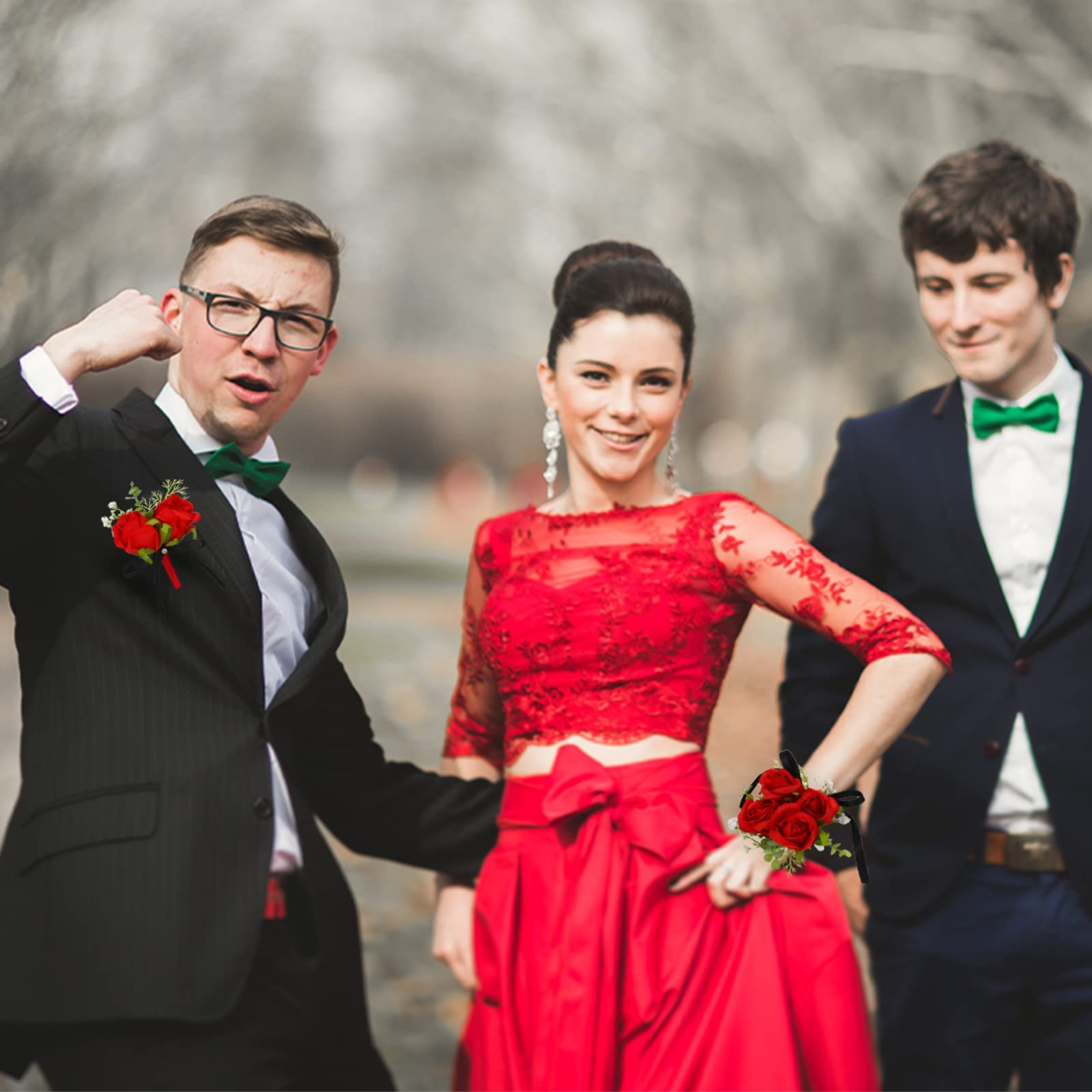 2 Pcs Boutonniere Wrist Corsage Set Artificial Rose Wine Red Corsage