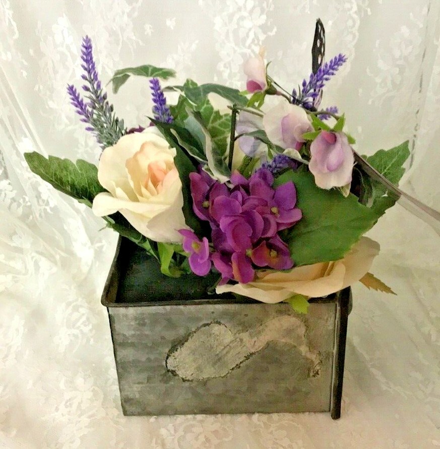 Beautiful Faux Flower Arrangement in Old Metal Drawer Approx 10″ x 8″ x 8″ NWT