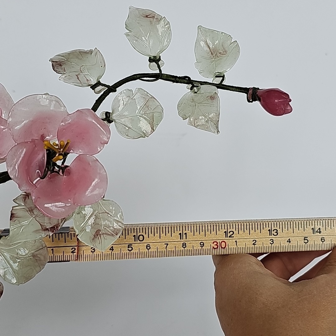 Vintage Chinese Glass Bonsai Tree Pink Cherry Blossom Celadon Pot Chinoiserie
