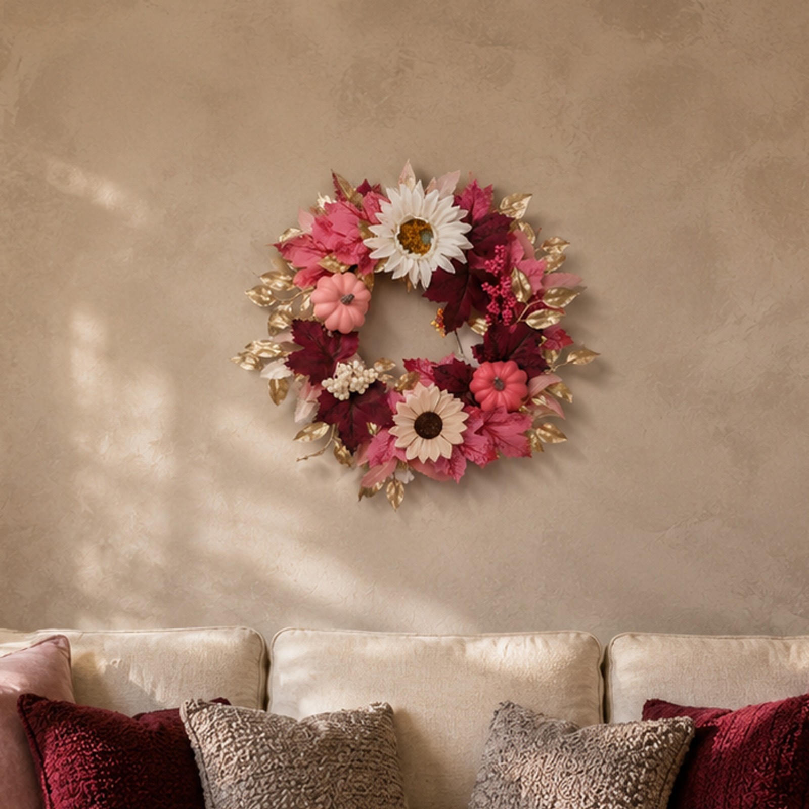 15.75in Artificial For Autumn Wreath Pastel Pink Theme with Pumpkins Sunflowers