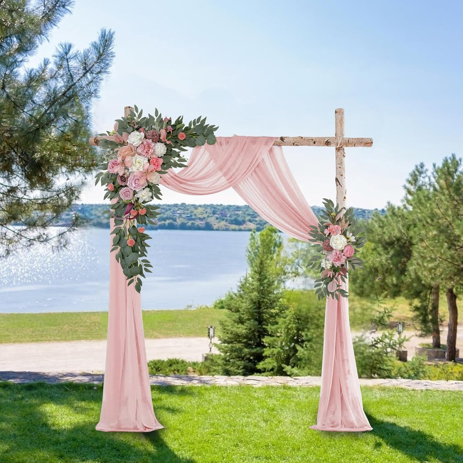 Elegant Wedding Arch with Pink Chiffon, Roses & Eucalyptus Decor